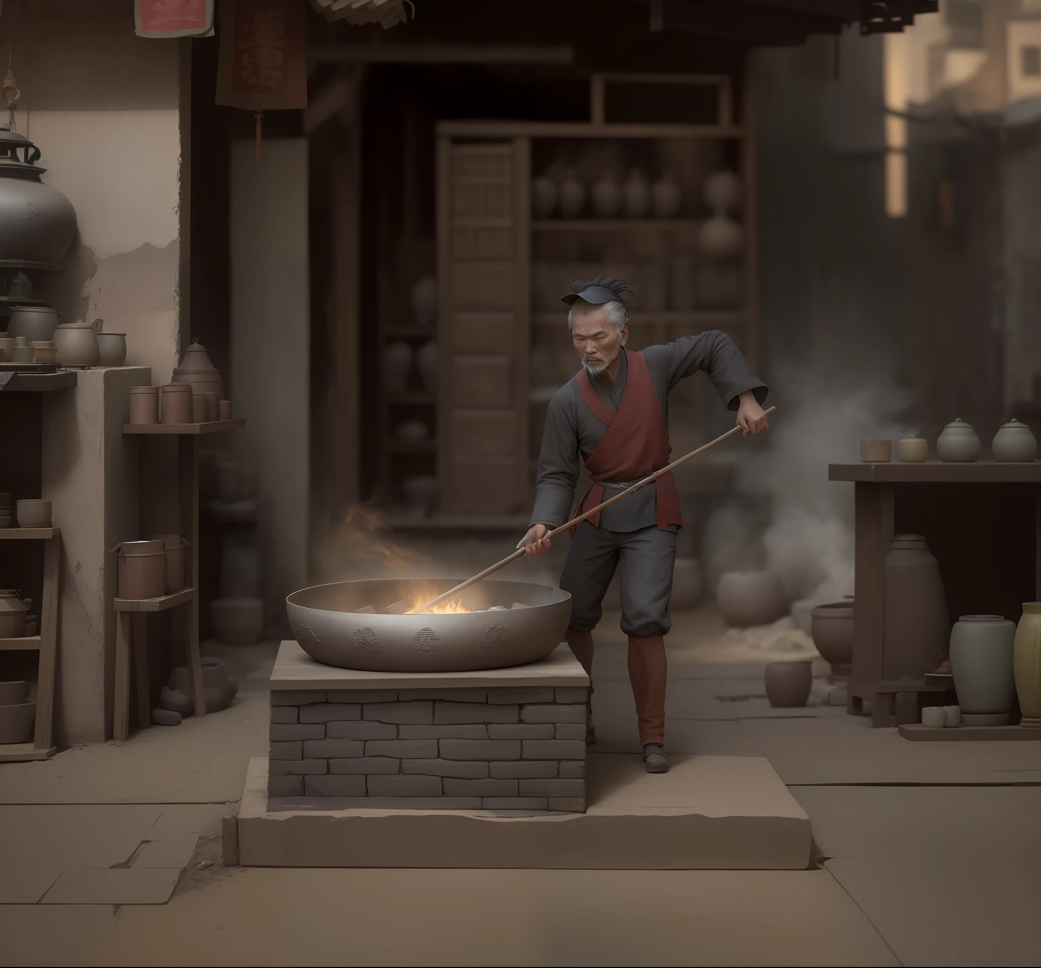 Qingming Shanghetu Street Shop An ancient Chinese man makes steel in a brick furnace, burns red iron in a pot, generates clay sculptures, 8K HD, master works, best picture quality, UE5 engine, VRY5.0 rendering,