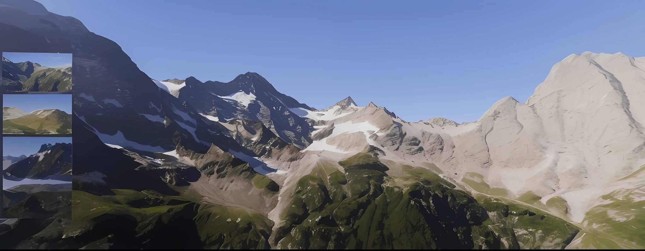a close up of a mountain with a few different pictures of it, “ aerial view of a mountain, swiss alps, alpes, by Werner Andermatt, 4 0 9 6, in the swiss alps, mountainous setting, inspired by Werner Andermatt, above view, alpine climate, moutains, high mountains, high picture quality, mountainous area, moutain