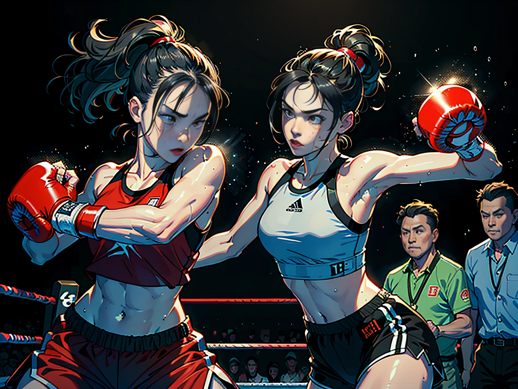(Original), (Boxing Match), (Best Quality), (Masterpiece), Photographic Reality, Realistic, Very Detailed Illustrations, (1 Girl), Beautiful Eyes, (Delicate Face), Perfect Details, (Best Lighting), (Super Intricate Details), (Boxing Girl), (Aggressive Punching), Sweat, Heavy Breathing, (Crushing Attack), (Boxing Ring), Sports Shorts, Perfect Details, Perfect Fingers, Perfect Limbs, Impact, (Shiny Skin), Abs, Muscles, Waist Line, Boxing Shorts , boxing, black hair, high ponytail, super long hair, 4K unity, (super fine CG: 1.2), (8K: 1.2), realistic, octane rendering