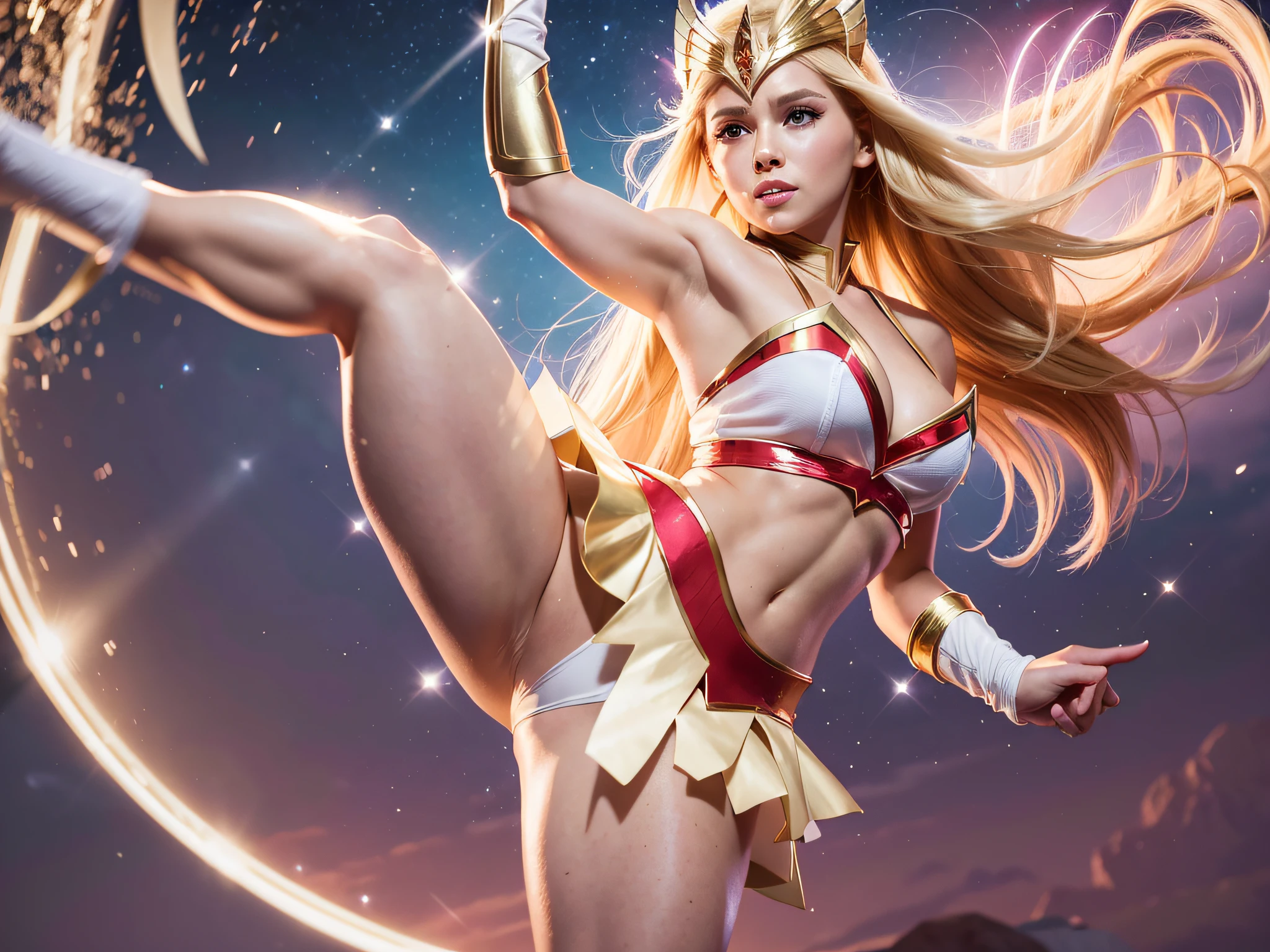 She-ra, the princess of the power, filmation, white skirt, blonde, highkick, fighting, 30 y/o woman, white ?????????, 85mm lens, eos, 4k, exquisite detail, 4k, Canon EOS, 85mm lens, sharp focus, real texture skin, (ysfw:1.5)