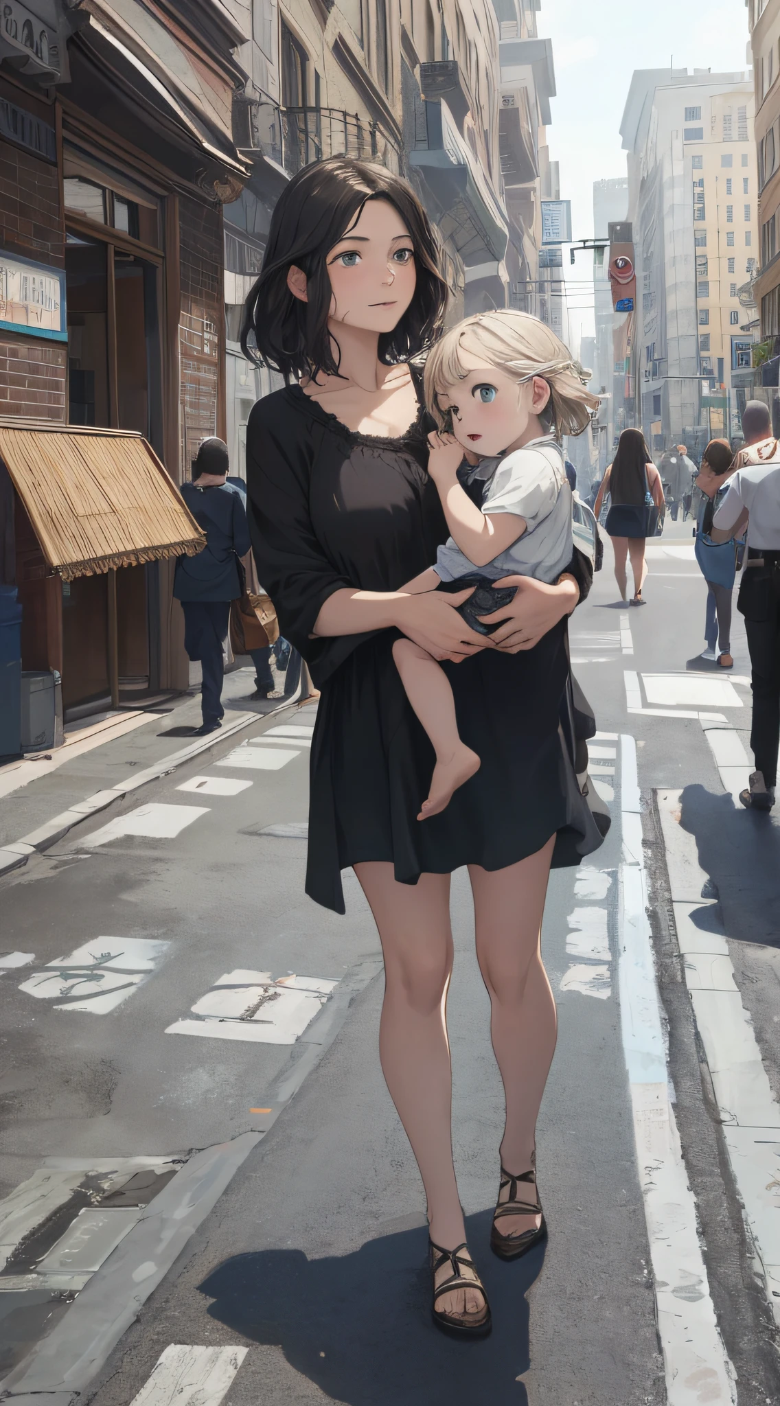 Realistic, (best quality, masterpiece: 1.3), (mother, child: 1.2), on the street, around the building