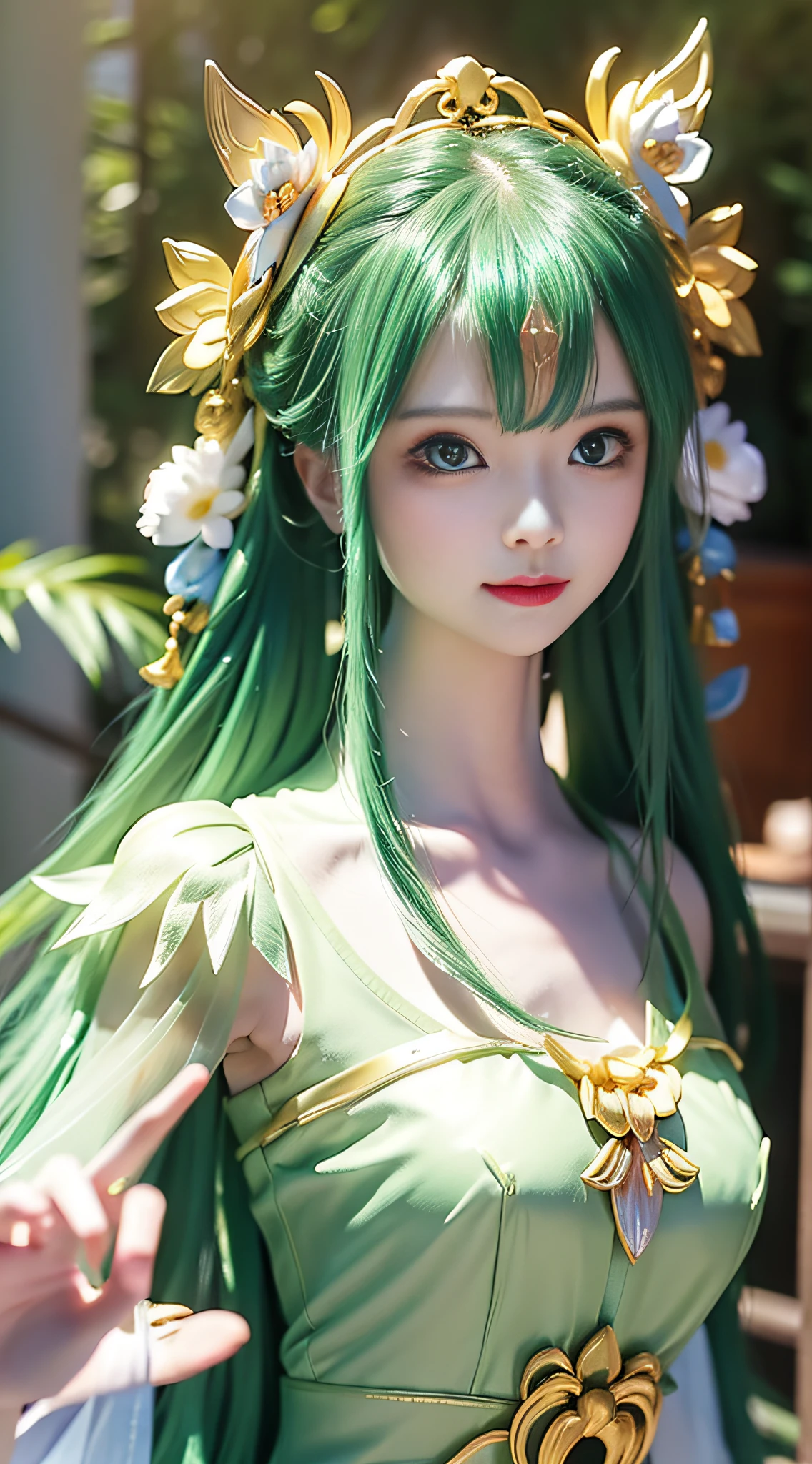 A fresh and vulgar fairy beauty, she wears a light green fairy robe, the style is simple but unique. Her face is beautiful, her facial features are delicate, and she is as fresh as a clear spring. She wears a pink lotus headdress, which makes her more delicate and attractive. Her figure is slender and tall, exuding a fresh breath, like a clear spring, which makes people feel extremely refreshed. Her temperament is fresh and vulgar, like a fairy, people can't help but pay respect, upper body close-up, bust photo, 8kuhd, SLR, soft light, high quality, volumetric light, photo, high resolution, 4k, 8k, background bokeh