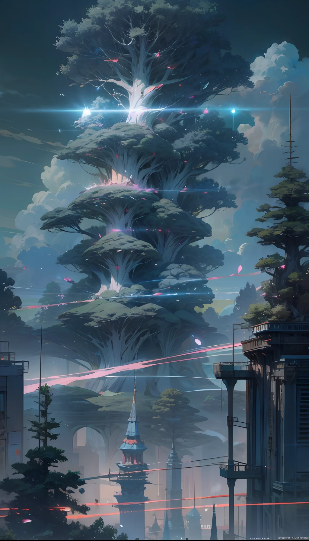 Sky, Clouds, holding_weapon, no_humans, Glow, giant_ trees , cyberpunk_Architecture, "sky, cloud, glowing, big trees , building, cybernetic _trees, tree_mech, sci-fi, cityscape, realistic, mechanical" Science Fiction, Cities, Rendered in Octane, hyper realistic, 8k, epic composition, cinematic, octane render, artstation landscape vista photography by Carr Clifton & Galen Rowell, 16K resolution, Landscape veduta photo by Dustin Lefevre & tdraw, 8k resolution, detailed landscape painting by Ivan Shishkin, DeviantArt, Flickr, rendered in Enscape, Miyazaki, Nausicaa Ghibli, Breath of The Wild,,trending in artstation, cgsociety, 8k post-processing highly detailed,Junji Murakami, Mucha Klimt, Sharandula, Hiroshi Yoshida, Tom Bagshaw, Ross Tran, Artgerm,Craig Mullins,dramatic,Junji Murakami, moody lighting rendered by octane engine,characters 8K symmetrical arstation, cape,cinematic lighting, intricate details, 8k detail post processing, hyperealistic, octane rend, Zdzisław Beksiński style, ar 2:3 Reality Reality --auto --s2