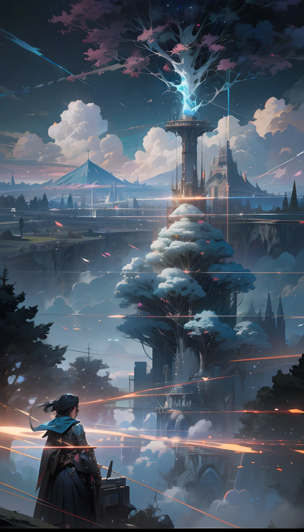 Sky, Clouds, holding_weapon, no_humans, Glow, giant_ trees , cyberpunk_Architecture, "sky, cloud, glowing, big trees , building, cybernetic _trees, tree_mech, sci-fi, cityscape, realistic, mechanical" Science Fiction, Cities, Rendered in Octane, hyper realistic, 8k, epic composition, cinematic, octane render, artstation landscape vista photography by Carr Clifton & Galen Rowell, 16K resolution, Landscape veduta photo by Dustin Lefevre & tdraw, 8k resolution, detailed landscape painting by Ivan Shishkin, DeviantArt, Flickr, rendered in Enscape, Miyazaki, Nausicaa Ghibli, Breath of The Wild,,trending in artstation, cgsociety, 8k post-processing highly detailed,Junji Murakami, Mucha Klimt, Sharandula, Hiroshi Yoshida, Tom Bagshaw, Ross Tran, Artgerm,Craig Mullins,dramatic,Junji Murakami, moody lighting rendered by octane engine,characters 8K symmetrical arstation, cape,cinematic lighting, intricate details, 8k detail post processing, hyperealistic, octane rend, Zdzisław Beksiński style, ar 2:3 Reality Reality --auto --s2