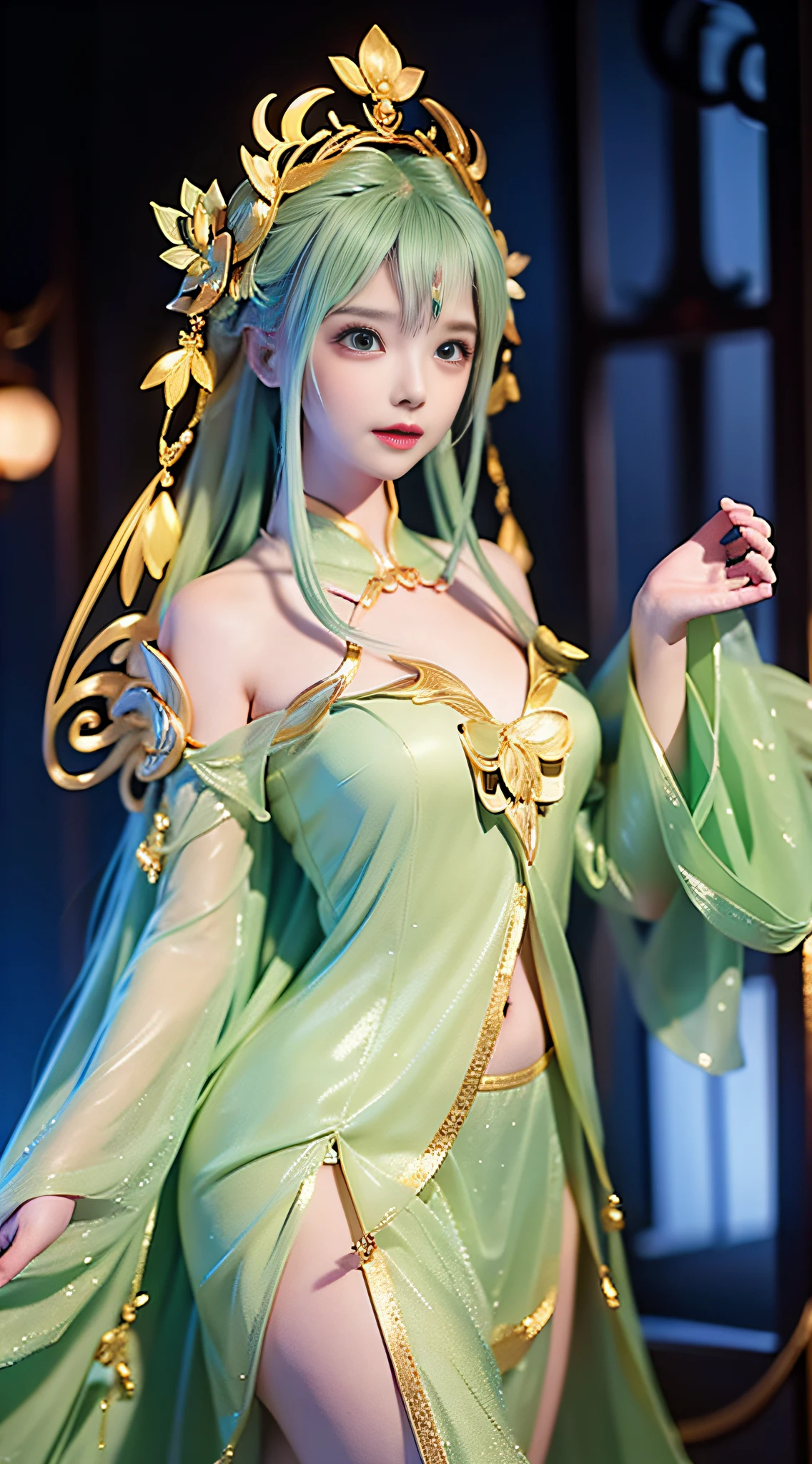 A fresh and vulgar fairy beauty, she wears a light green fairy robe, the style is simple but unique. Her face is beautiful, her facial features are delicate, and she is as fresh as a clear spring. She wears a pink lotus headdress, which makes her more delicate and attractive. Her figure is slender and tall, exuding a fresh breath, like a clear spring, which makes people feel extremely refreshed. Her temperament is fresh and vulgar, like a fairy, people can't help but pay respect, upper body close-up, bust photo, 8kuhd, SLR, soft light, high quality, volumetric light, photo, high resolution, 4k, 8k, background bokeh