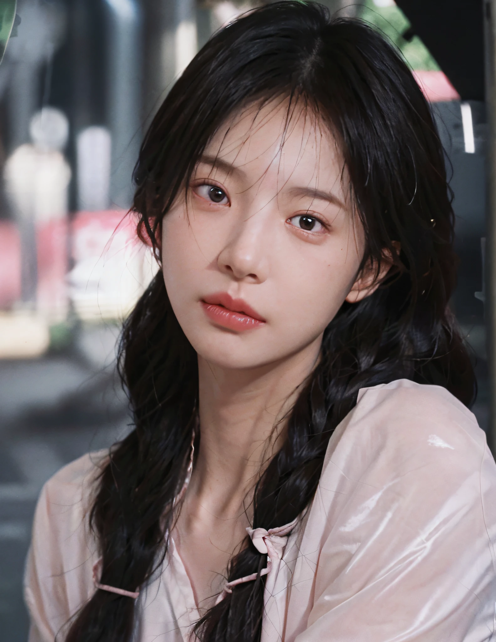 8k, RAW Photo, Best Quality, Masterpiece, High Detail RAW Color Photo, Professional Photo, (Realistic, Photorealistic Photorealism: 1.37), (High Detail Skin: 1.2), High Resolution, Beautiful Detailed Eyes, (Hard Focus: 1.4), (Clear Focus: 1.4), Realistic, (8K UHD:1.2), realistic high-quality shadows, split lips, slender face, (wavy hair), half top knot, a loose braid, pink eye color, suggestive appearance, (extreme face close-up), pov, (((depth of field)), pale and shiny skin, nine-split collar shirt, 30 years old, buruma, roof, bokeh, lens flare, (vignetting: 0.8), dramatic lighting, cinematic lighting, backlighting, professional lighting, physically based rendering, ulzzang-6500-v1.1,pureerosface_v1。