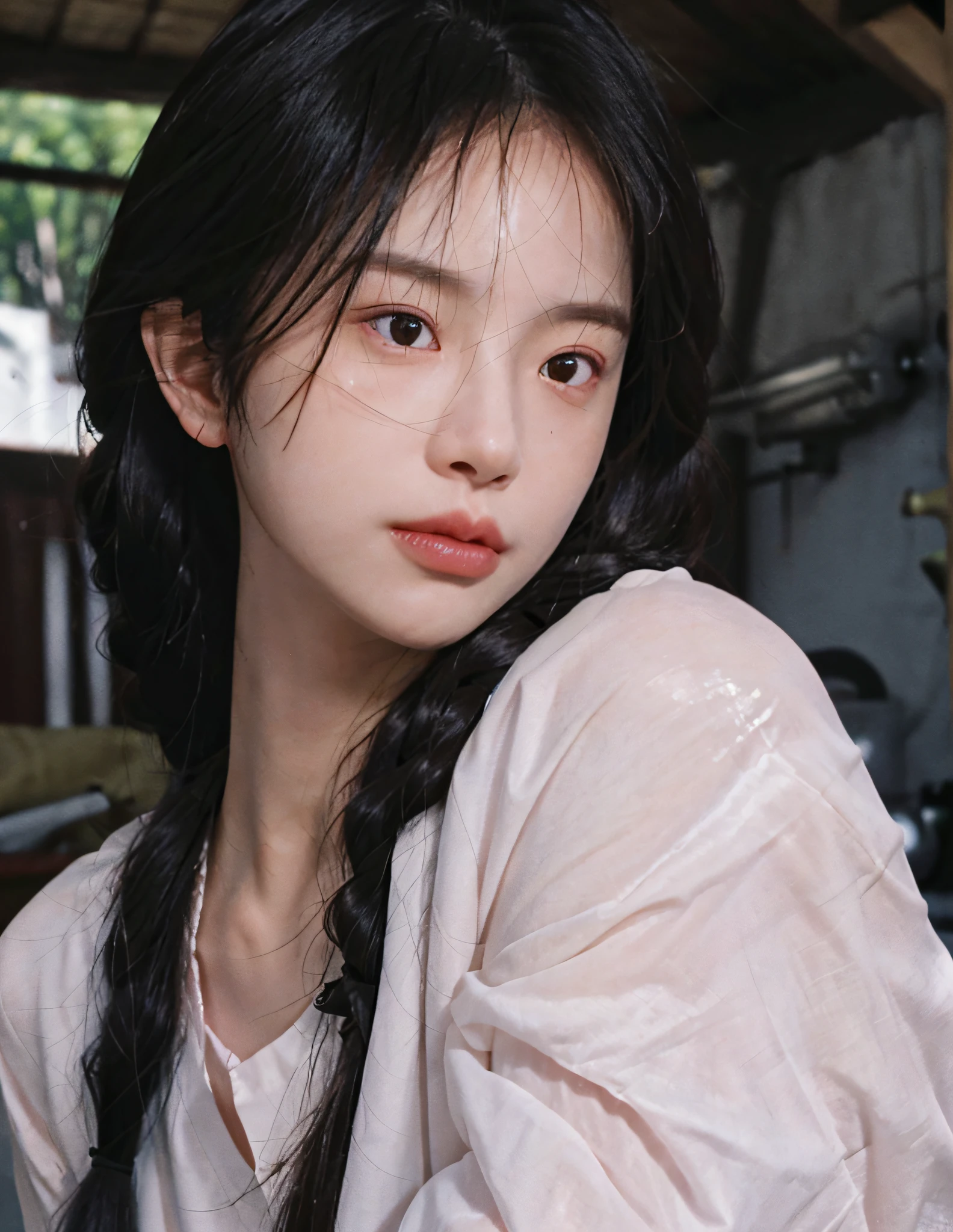 8k, RAW Photo, Best Quality, Masterpiece, High Detail RAW Color Photo, Professional Photo, (Realistic, Photorealistic Photorealism: 1.37), (High Detail Skin: 1.2), High Resolution, Beautiful Detailed Eyes, (Hard Focus: 1.4), (Clear Focus: 1.4), Realistic, (8K UHD:1.2), realistic high-quality shadows, split lips, slender face, (wavy hair), half top knot, a loose braid, pink eye color, suggestive appearance, (extreme face close-up), pov, (((depth of field)), pale and shiny skin, nine-split collar shirt, 30 years old, buruma, roof, bokeh, lens flare, (vignetting: 0.8), dramatic lighting, cinematic lighting, backlighting, professional lighting, physically based rendering, ulzzang-6500-v1.1,pureerosface_v1。