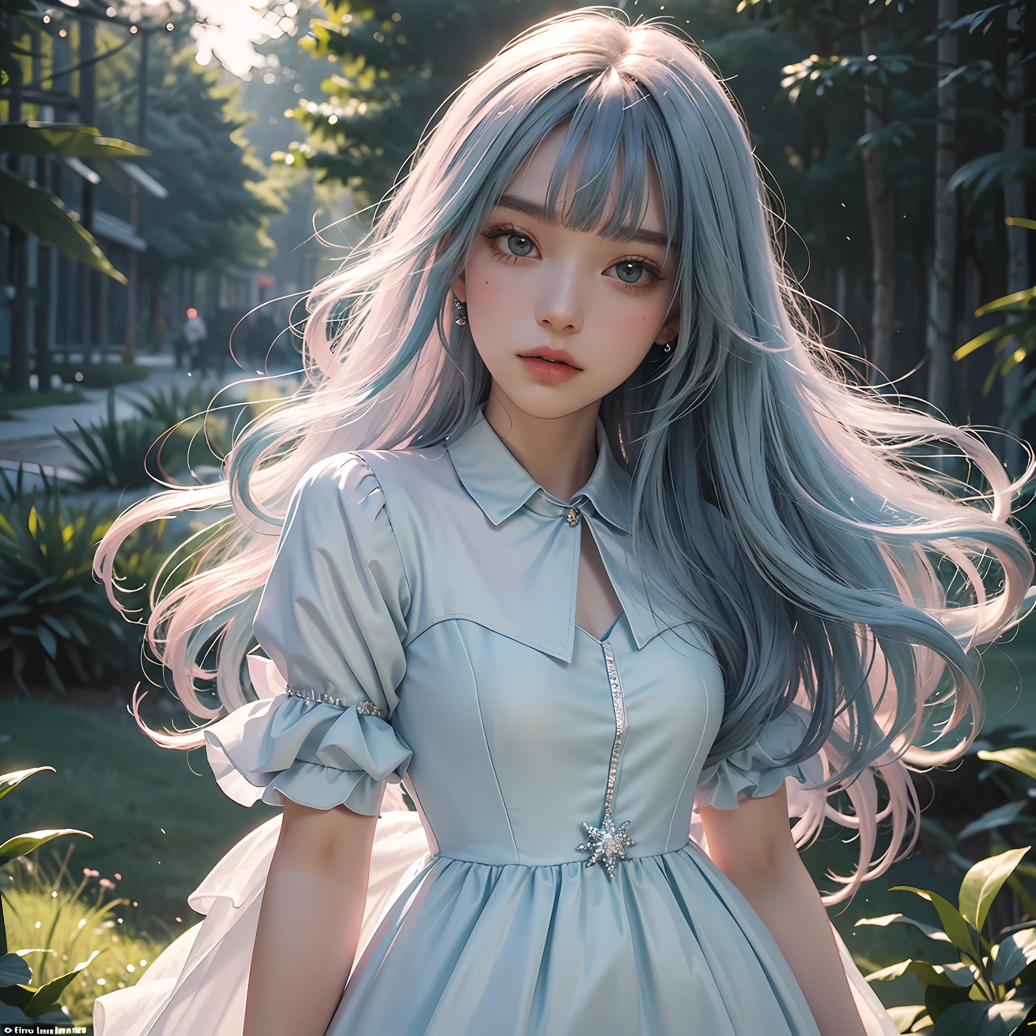 (Fluorescent color: 1.4), (Translucent: 1.4), (Vintage filter: 1.4), (Fantasy: 1.4), Candy World Disneyland Ethereal Soft Fluffy Soft Landscape Forest Snowflake Pale Pink Sky Green Blue Sparkling Ethereal Light Soft Whimsical Light Rainbow Stars Diamond Sparkling Gemstone Background Ultra Realistic Ultra High Quality Cinematic Lighting Huge details Full HD painting Plenty of light, diagonal bangs,
Collared dress, sides
Masterpiece, Best Quality, Real Skin, (Portrait: 1.5), 1 Girl, Blunt Bangs, Long Hair, Full Body Shot