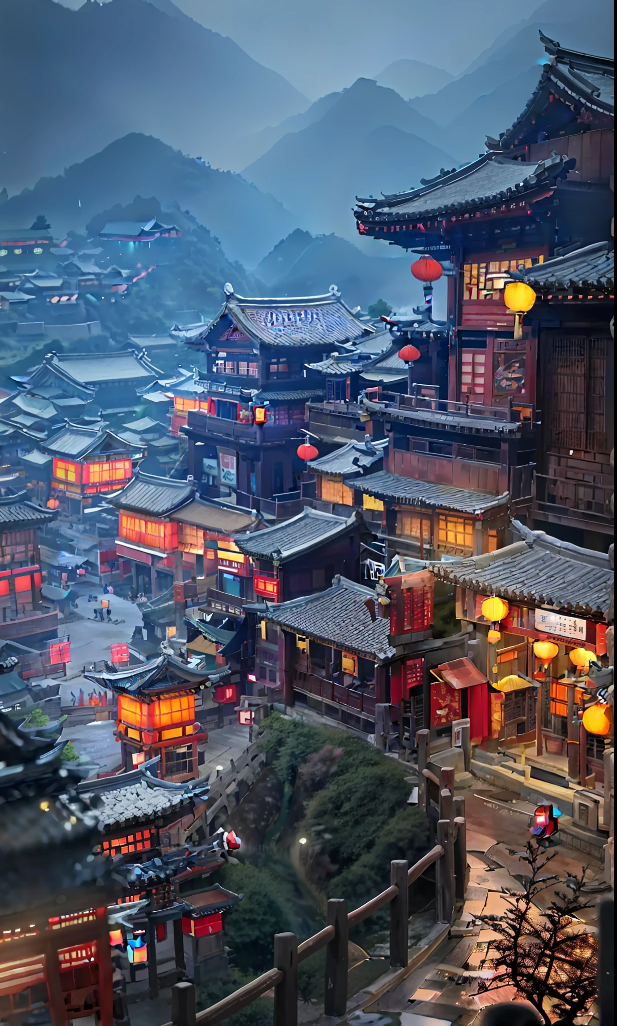 arafed view of a chinese village at night with a lot of lights, dreamy chinese town, ancient chinese architecture, cyberpunk chinese ancient castle, chinese architecture, japanese town, japanese city, chinese village, beautiful render of tang dynasty, japanese city at night, ancient japanese architecture, like jiufen, andreas rocha style, chinese style, japanese village