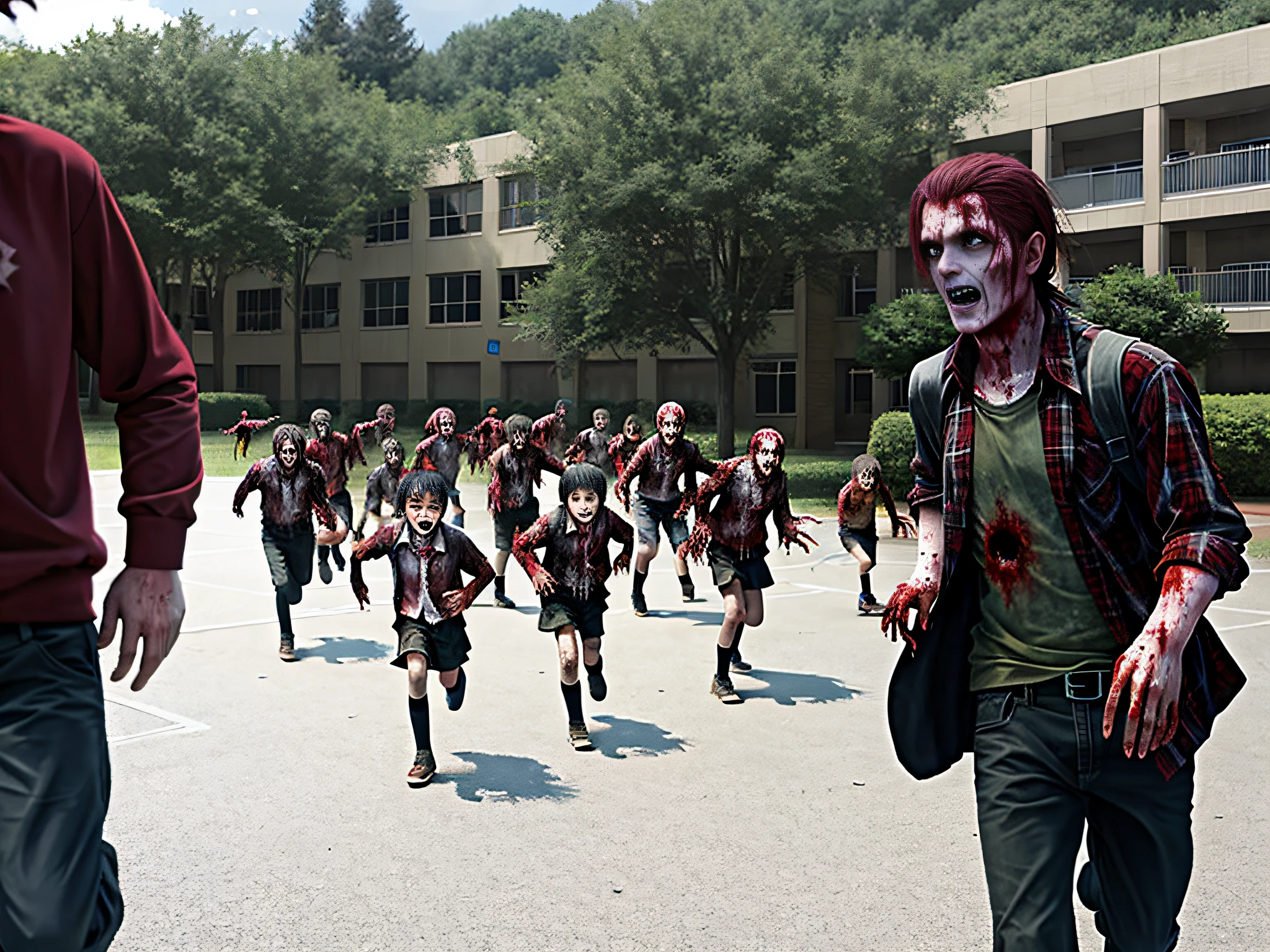 School playground, zombie swarms, all kinds of zombies, zombies running
