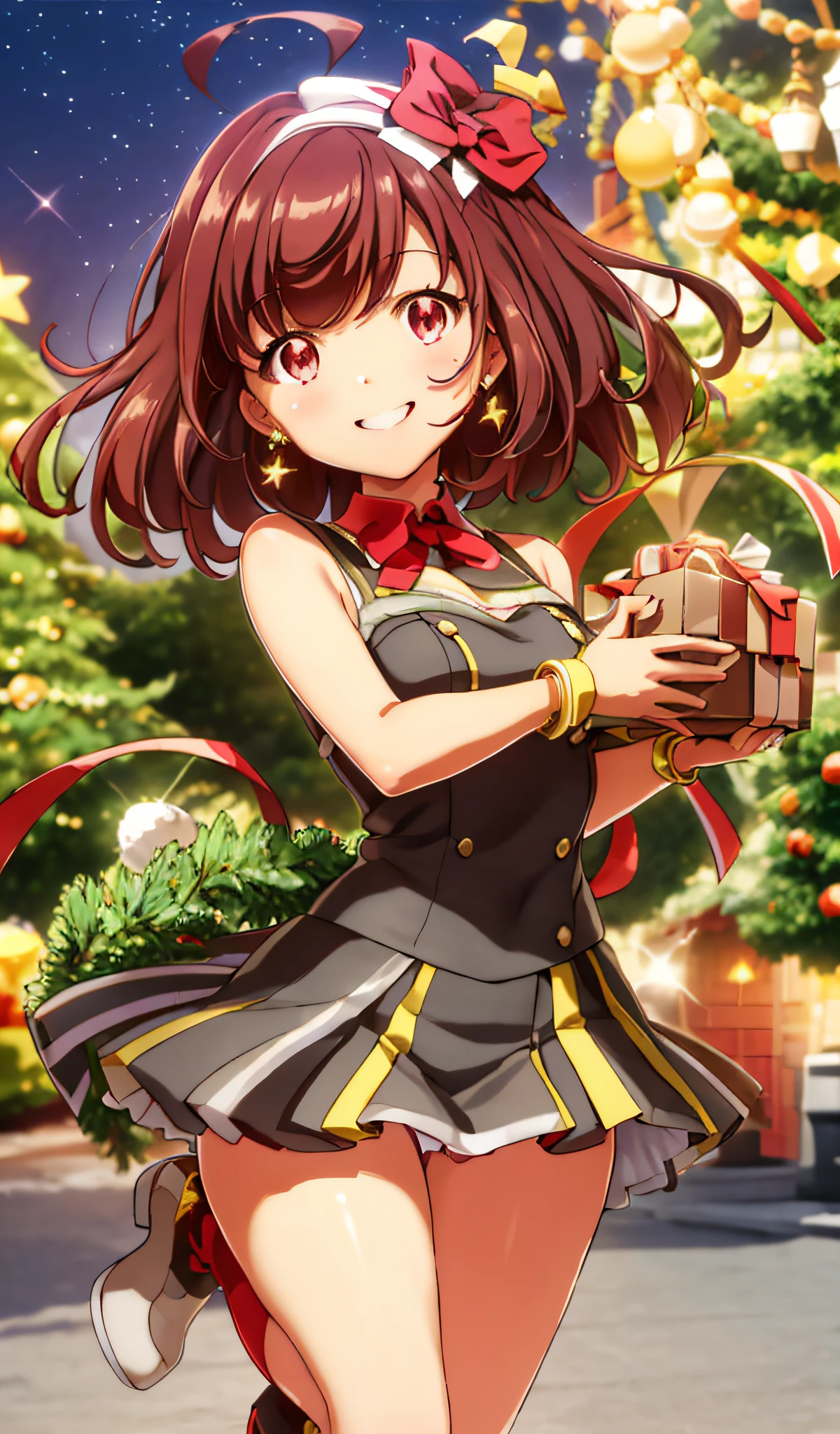 (T7S\), (Best Quality, 8K, Masterpiece, Super Detail:1.2), Cinematic Angle, Cinematic Angle, Full Body,
1girl, solo, shiny skin, shadow, cinematic lighting, detailed background, wide shot,
cute, smile, night, constellation, starry sky, smile, christmas, thighs, leather boots,
, earrings, bracelets, hair flowers, neckerchiefs, black thighs, hair bands, ribbons, hair ornaments,