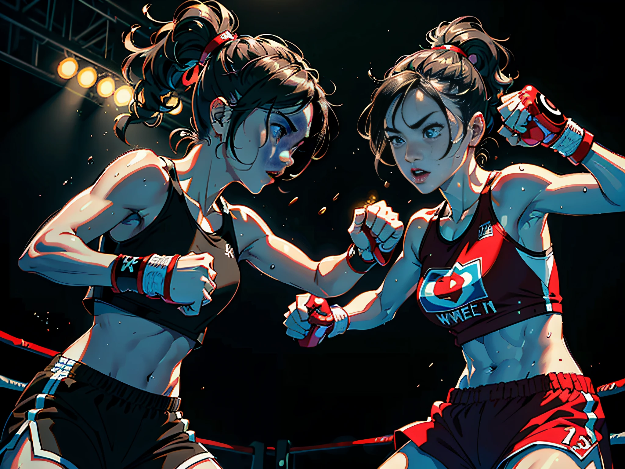 (Original), (Boxing Match), (Best Quality), (Masterpiece), Photographic Reality, Realistic, Very Detailed Illustrations, (1 Girl), Beautiful Eyes, (Delicate Face), Perfect Details, (Best Lighting), (Super Intricate Details), (Boxing Girl), (Aggressive Punching), Sweat, Heavy Breathing, (Crushing Attack), (Boxing Ring), Sports Shorts, Perfect Details, Perfect Fingers, Perfect Limbs, Impact, (Shiny Skin), Abs, Muscles, Waist Line, Boxing Shorts , boxing, black hair, high ponytail, super long hair, 4K unity, (super fine CG: 1.2), (8K: 1.2), realistic, octane rendering