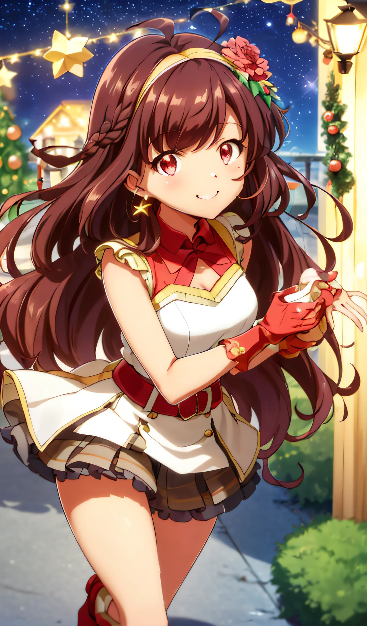 (T7S\), (Best Quality, 8K, Masterpiece, Super Detail:1.2), Cinematic Angle, Cinematic Angle, Full Body,
1girl, solo, shiny skin, shadow, cinematic lighting, detailed background, wide shot, 
cute, smile, night, constellation, starry sky, smile, christmas, thighs, leather boots,
, earrings, bracelets, hair flowers, neckerchiefs, black thighs, hair bands, ribbons, hair ornaments,