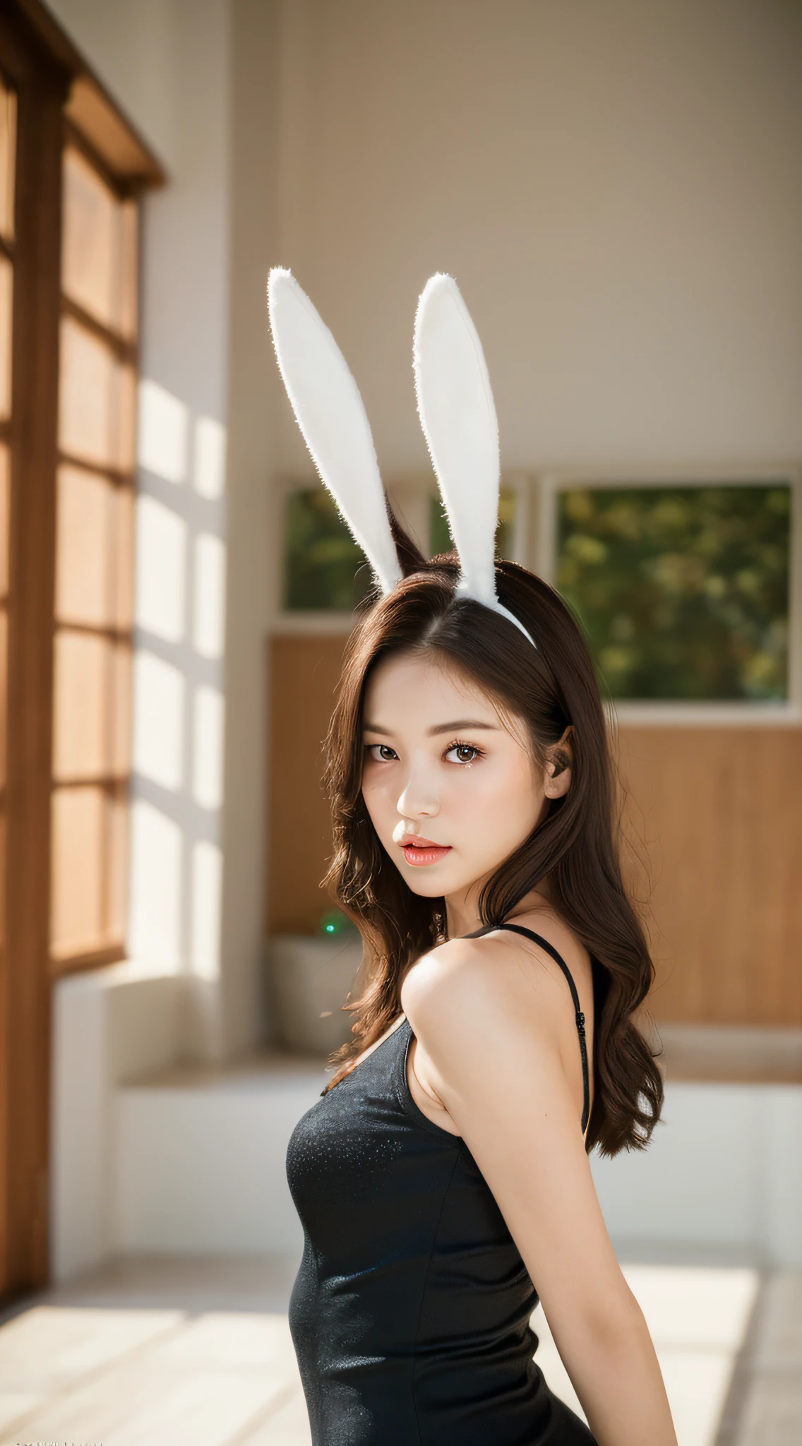 ((top quality, 8k, masterpiece: 1.3)), Sharp Focus: 1.2, Beautiful woman with perfect style: 1.4, dark brown hair, (natural light, indoor: 1.1), highly detailed face and skin texture, detailed eyes, double eyelids, Playboy Bunny black, full body