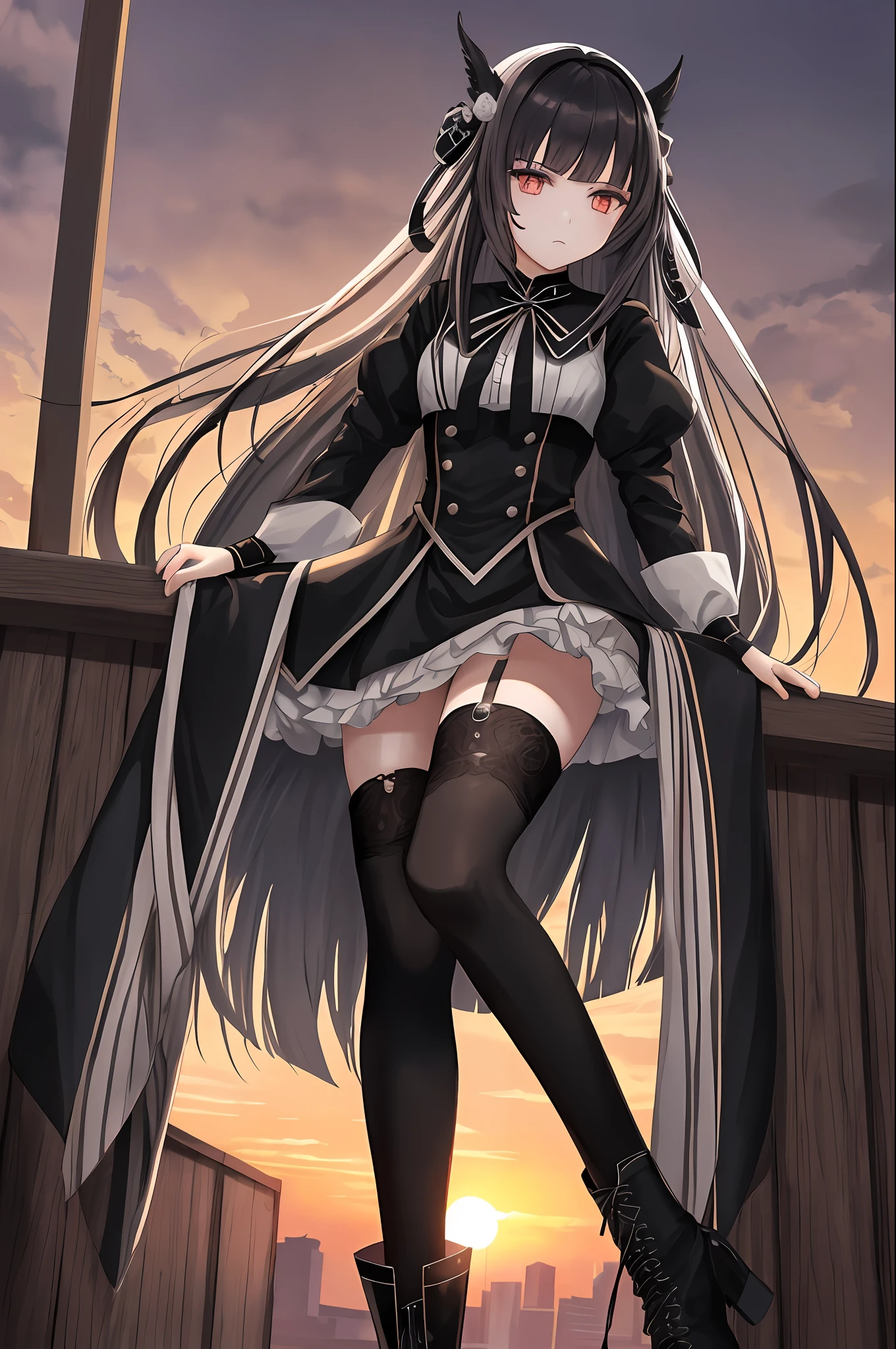 Masterpiece, best quality, fine detail, beautiful detail sky, under sunset reflection, dark shadow, dim light, girl, anime, long hair, black and white hair, crescent hair card, gaze, gray eyes, unilateral stockings, bandage on leg, black leg loop, boots, fingerless gloves