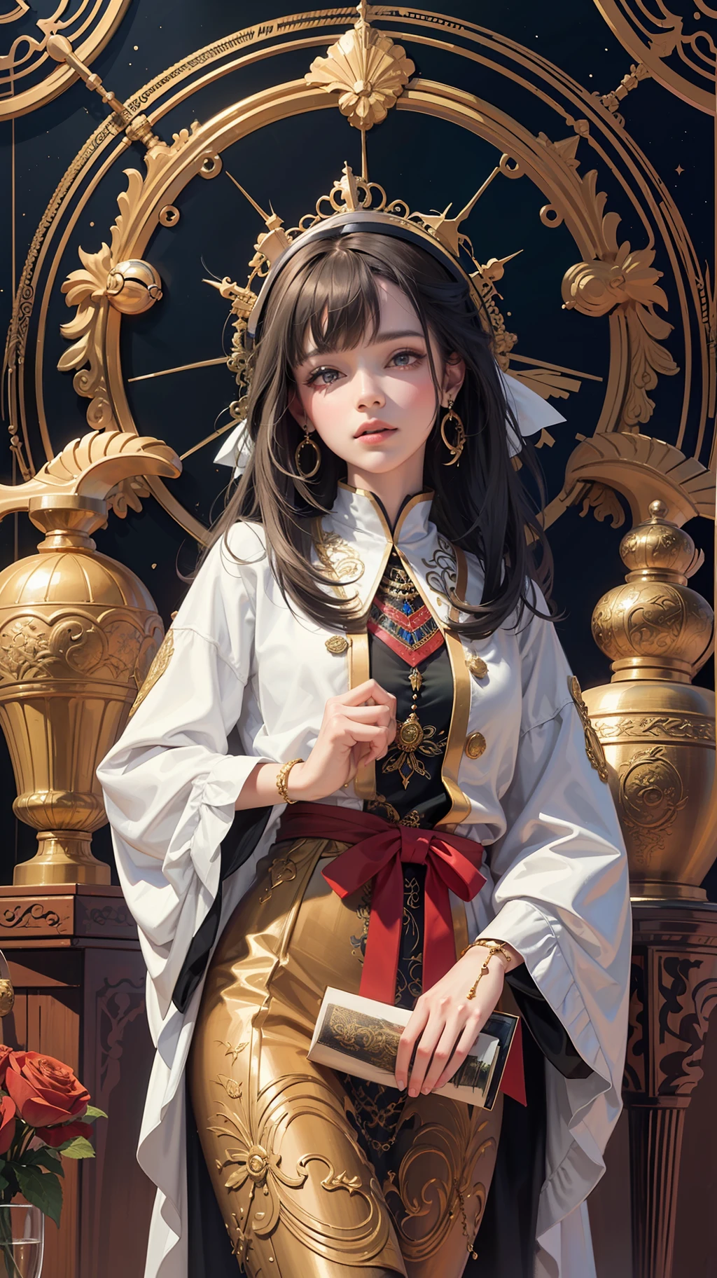 (masterpiece, top quality, best quality, official art, beautiful and aesthetic:1.2), (1girl), extreme detailed,colorful,highest detailed, official art, unity 8k wallpaper, ultra detailed, beautiful and aesthetic, beautiful, masterpiece, best quality, (zentangle, mandala, tangle, entangle) ,holy light,gold foil,gold leaf art,glitter drawing, PerfectNwsjMajic