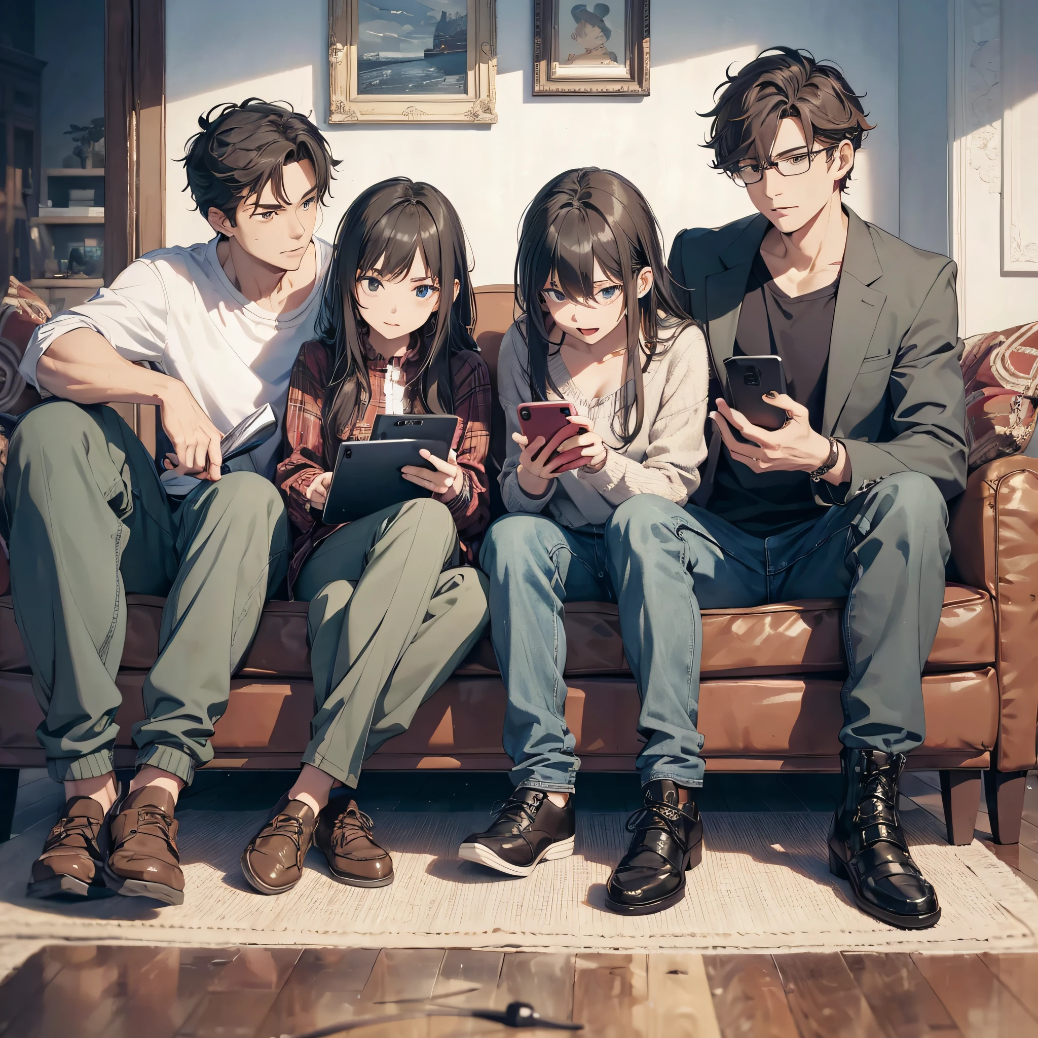 Several men and women, sitting on the sofa, looking at their mobile phones. The look of crazy mockery,