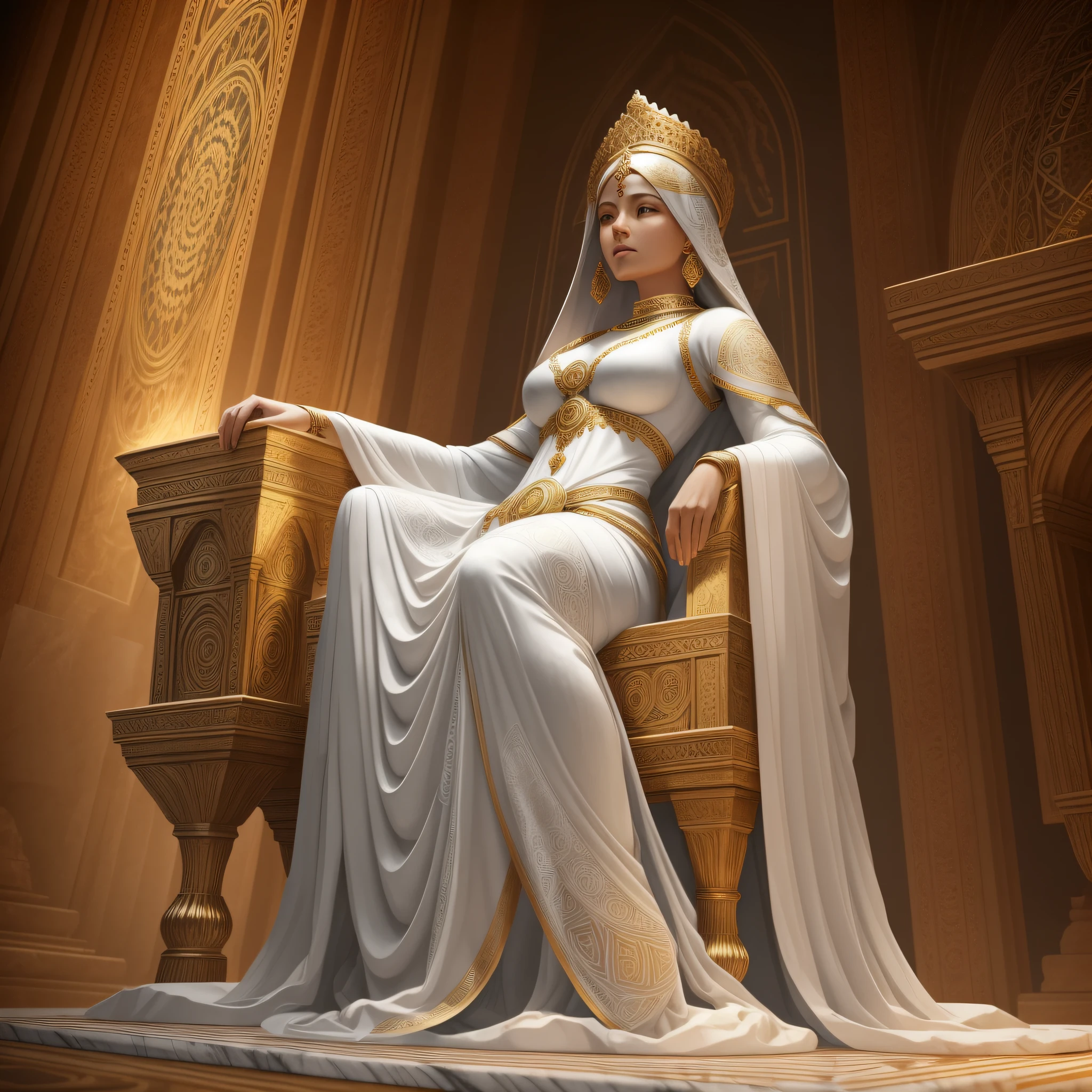 an woman sitting on a ancient throne, wrapped on the sheet, marble statue, difuse lighting, mandala, cinematic lighting, side view from bottom, anatomically correct, super detailed