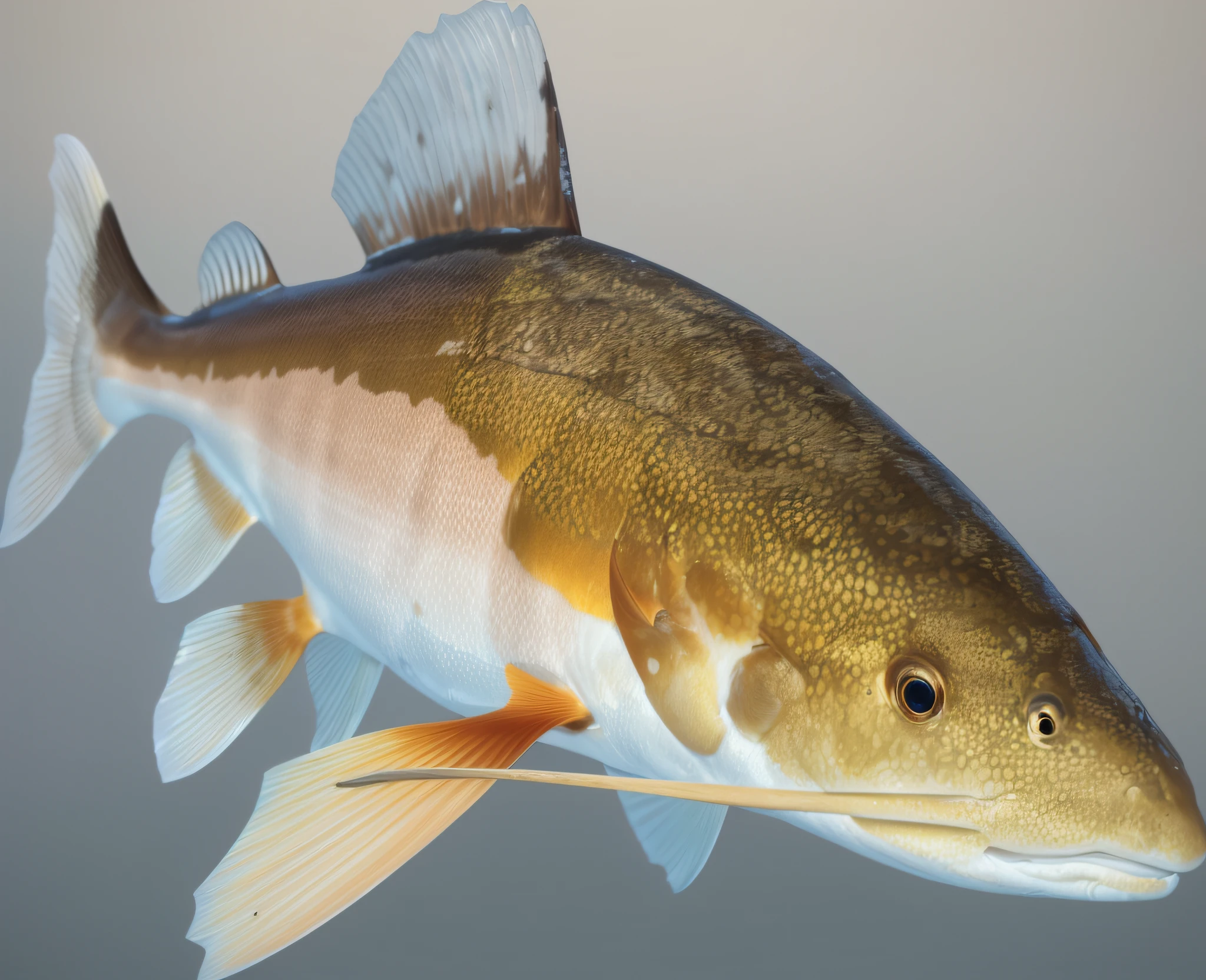 there is a fish that is standing up with a red tail, incredibly detailed atlantic cod, high resolution ultradetailed, rendered in maya and houdini, unbiased render, modeled in 3 d, digitally painted, a hyper realistic, realistic depiction, highly realistic and detailed, depicted as a 3 d render, true realistic image, mega detailed, redshift render, highly rendered!!