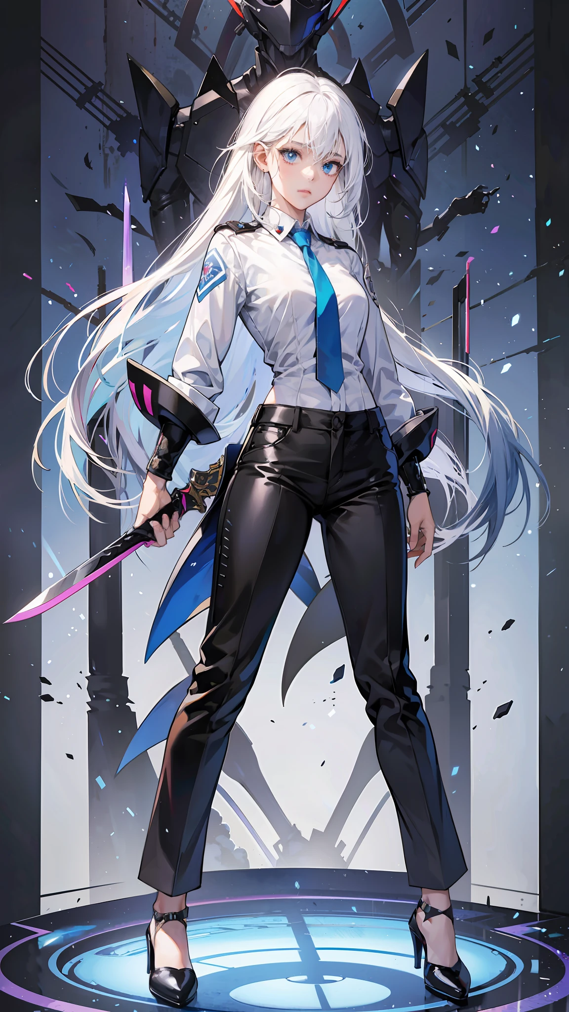 anime style, manga style,
female character,African Girl, white hair,black skin, blue eyes, wearing a suit, black pants, wearing high heels,holding a sword in her left hand, Duplicate head, 3D, face deformity, eye deformity, mouth deformity, face anomalies, hand anomalies, arm anomalies, leg anomalies, duplicate hands, duplicate fingers, duplicate arms, duplicate legs,hand bugs, head bugs, eye bugs, leg bugs, duplicate sword, sword bugs, sword anomalies --auto --s2