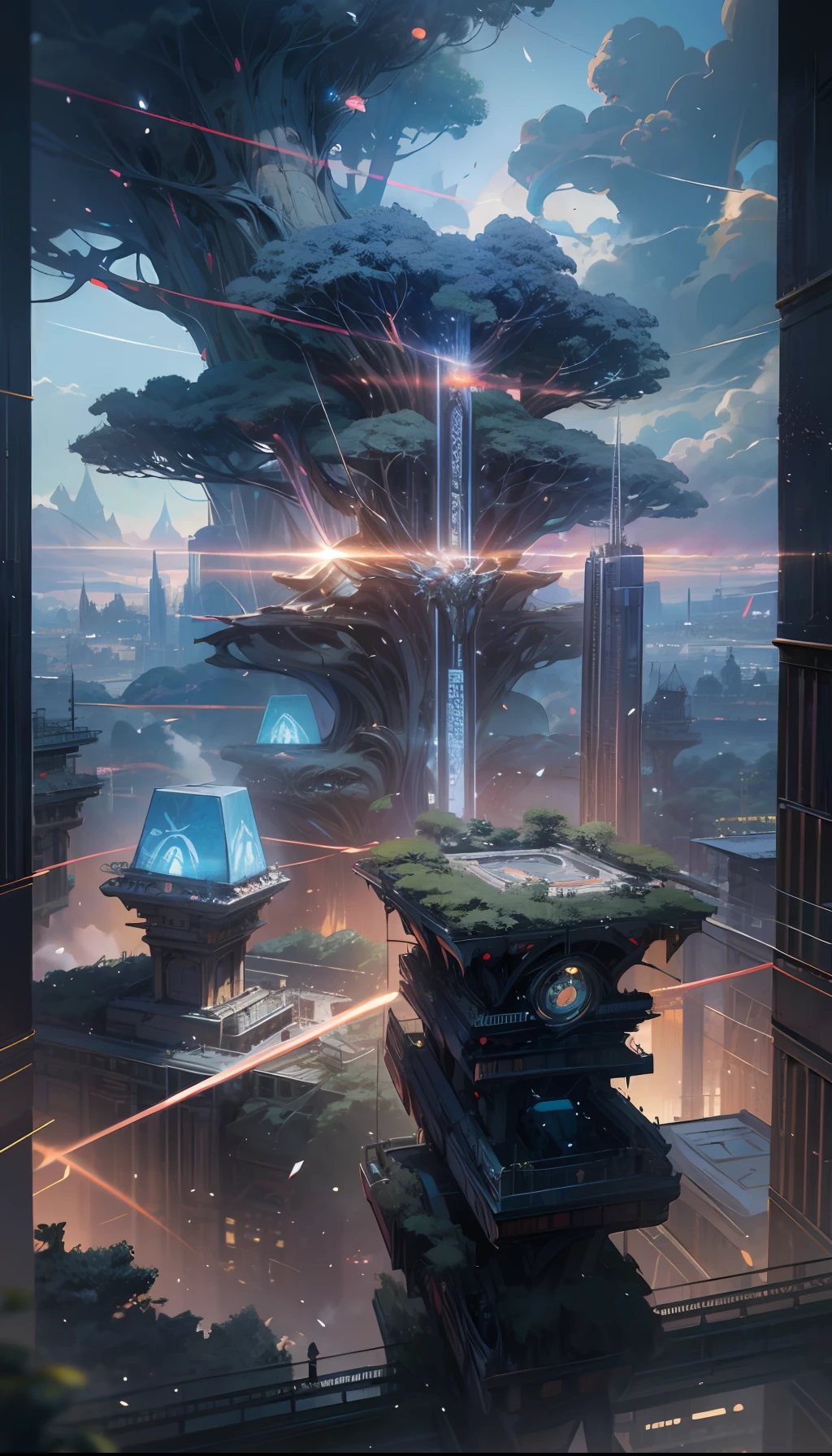 Sky, Clouds, holding_weapon, no_humans, Glow, giant_ trees , cyberpunk_Architecture, "sky, cloud, glowing, big trees , building, cybernetic _trees, tree_mech, sci-fi, cityscape, realistic, mechanical" Science Fiction, Cities, Rendered in Octane, hyper realistic, 8k, epic composition, cinematic, octane render, artstation landscape vista photography by Carr Clifton & Galen Rowell, 16K resolution, Landscape veduta photo by Dustin Lefevre & tdraw, 8k resolution, detailed landscape painting by Ivan Shishkin, DeviantArt, Flickr, rendered in Enscape, Miyazaki, Nausicaa Ghibli, Breath of The Wild,,trending in artstation, cgsociety, 8k post-processing highly detailed,Junji Murakami, Mucha Klimt, Sharandula, Hiroshi Yoshida, Tom Bagshaw, Ross Tran, Artgerm,Craig Mullins,dramatic,Junji Murakami, moody lighting rendered by octane engine,characters 8K symmetrical arstation, cape,cinematic lighting, intricate details, 8k detail post processing, hyperealistic, octane rend, Zdzisław Beksiński style, ar 2:3 Reality Reality --auto --s2