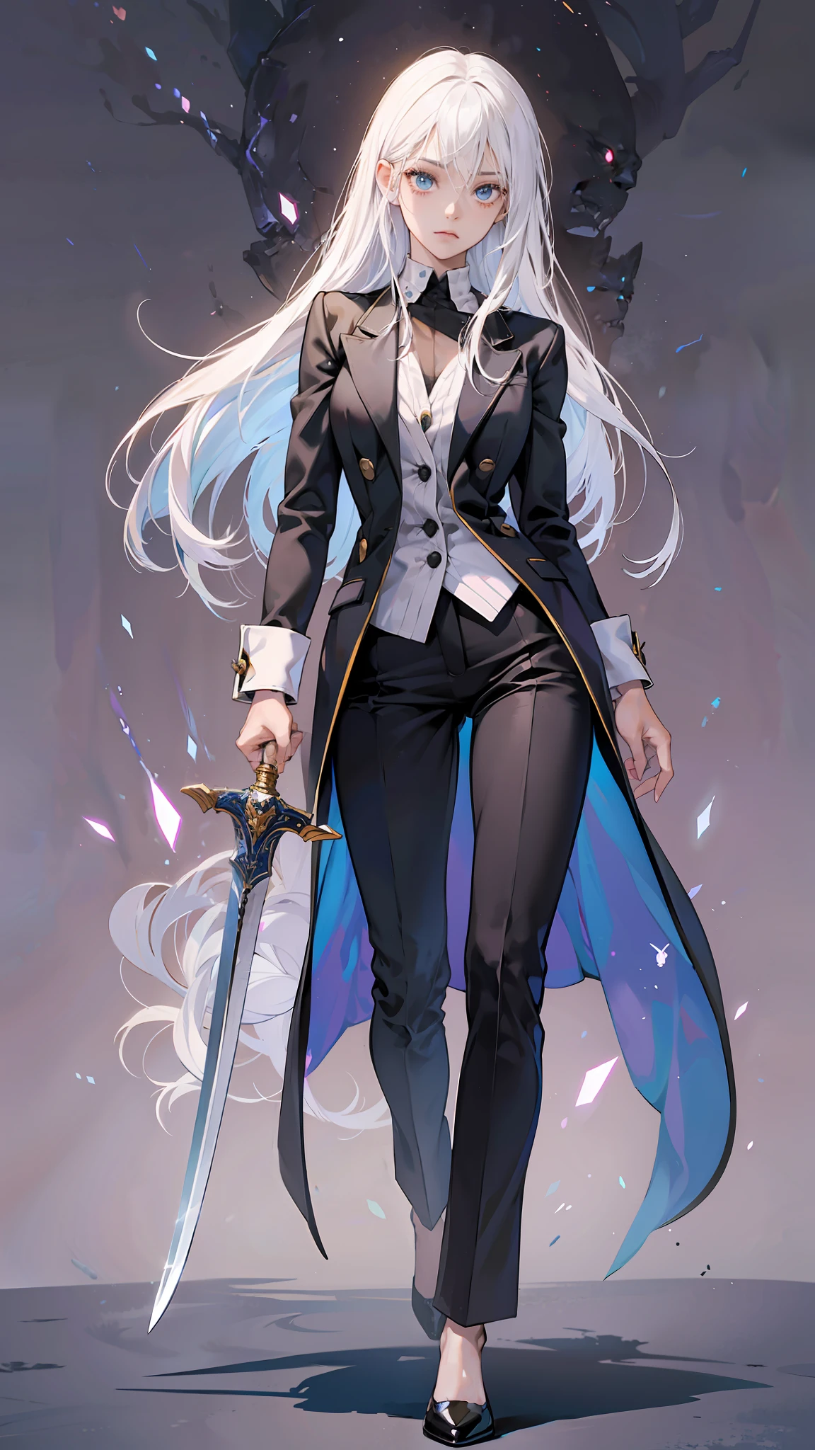anime style, manga style,
female character,African Girl, white hair,black skin, blue eyes, wearing a suit, black pants, wearing high heels,holding a sword in her left hand, Duplicate head, 3D, face deformity, eye deformity, mouth deformity, face anomalies, hand anomalies, arm anomalies, leg anomalies, duplicate hands, duplicate fingers, duplicate arms, duplicate legs,hand bugs, head bugs, eye bugs, leg bugs, duplicate sword, sword bugs, sword anomalies --auto --s2