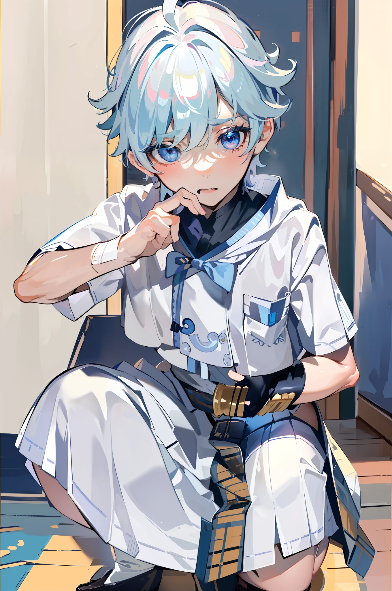 ((Masterpiece)), ((Best Quality)), Absurdres, 1boy, Squat Cowboy Pose, POV, School Uniform, (Classroom:1.1)(8k, RAW photo, best quality, masterpiece:1.3),(realistic,photo-realistic:1.37),(night),(looking at viewer:1.331),(white hair),posing, soft light,1boy, extremely beautiful face,bust,Random expression,big eyes, ,lower abdomen,(short-sleeved JK_shirt:1.3),JK_style,(JK_skirt:1.3) ,(bow JK_tie),mix4,  School Uniform: 1.5), chongyun_(genshin impact)，light blue hair，cute face，upper body，chongyun (genshin impact), 1boy, mature male, solo, blue eyes, blue hair, gloves, ahoge, close up, skirt, knelling, (squating:1.5), (nsfw:1.5), puffed socks