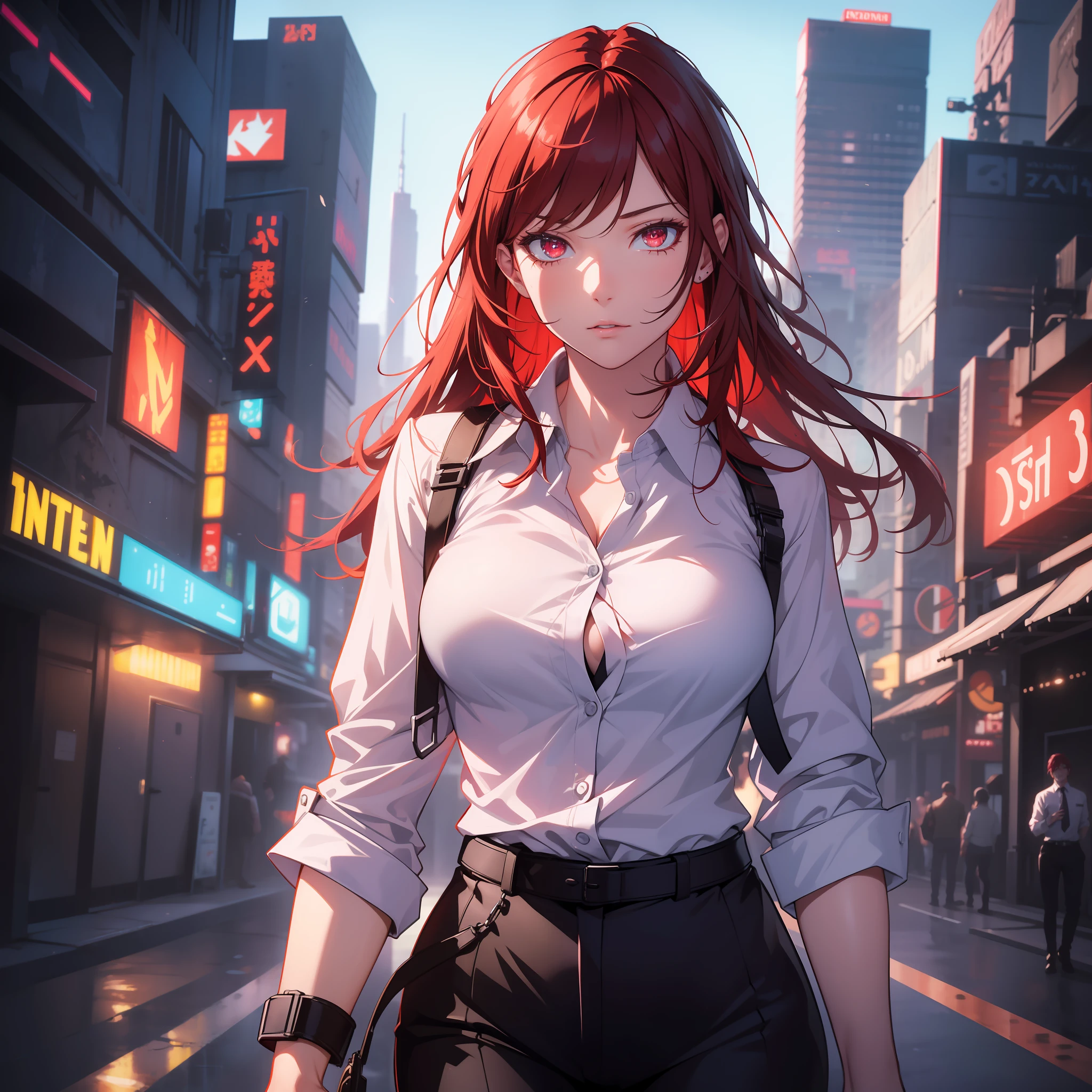 16K, HDR, RTX, raytracing, natural lighting, absurdres, best quality masterpiece, cowboy shot, perfect anatomy, highly detailed face, detailed eyes, 1girl, solo, wearing a business suit, white shirt, top button open, long red hair, extreme beautiful, edgy, cool, windy, glowing eyes, serious expressions, detailed background, award winning, neon lights, trending on art station