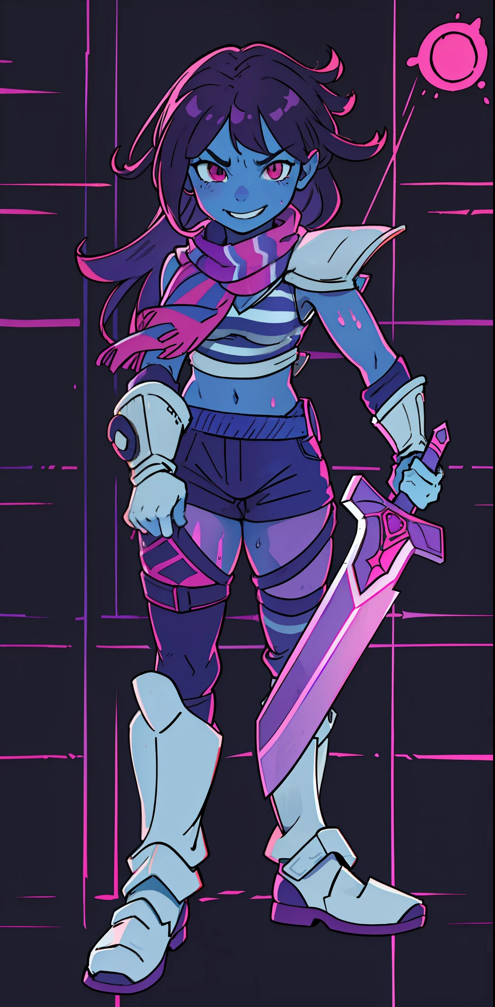 dark hair, blue skin, pink and purple striped scarf, sword, armor, red eye, hidden eye, grinning, sweating, hd, highres