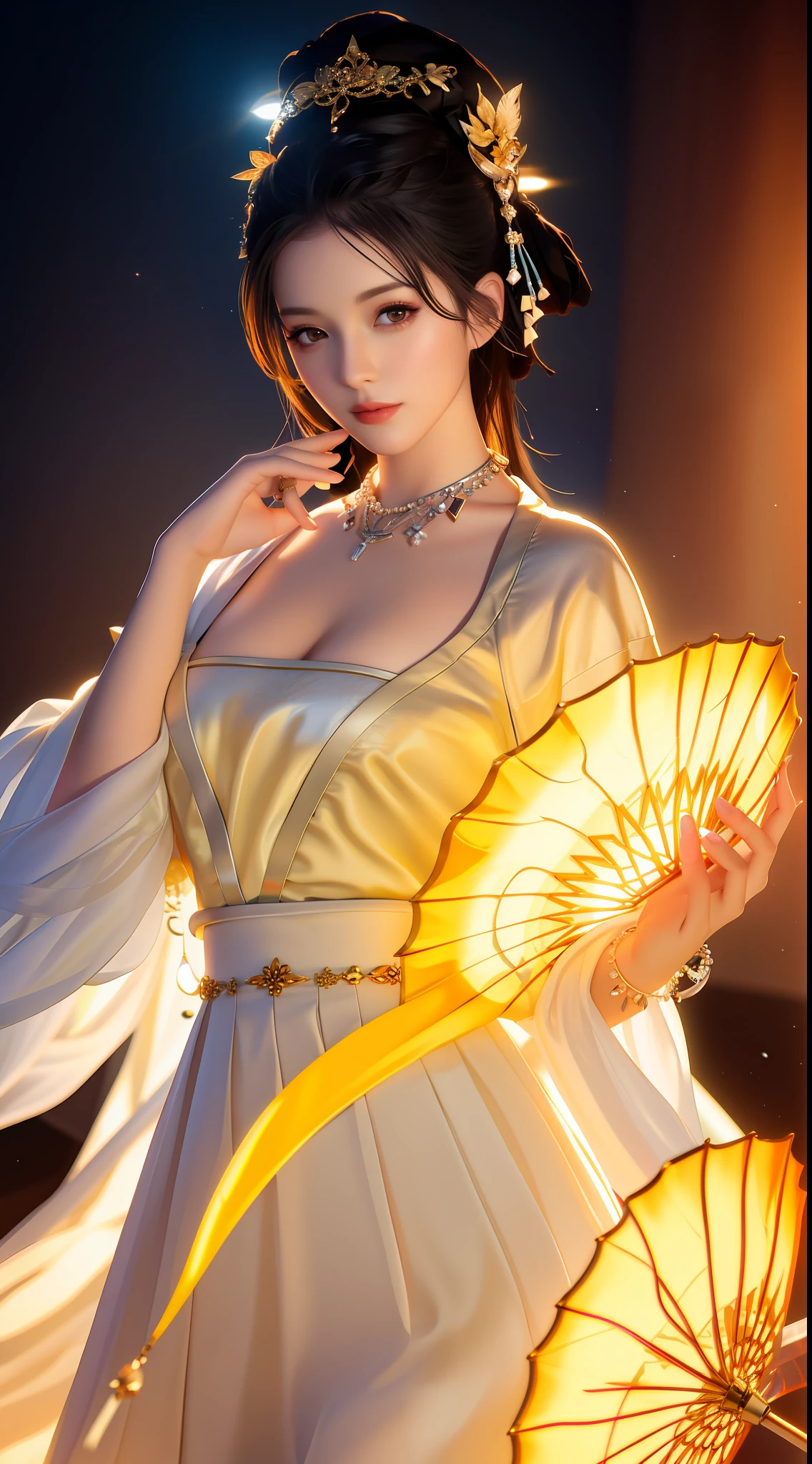Best quality, masterpiece, high resolution, 1girl, porcelain black skirt, hair accessories, necklace, jewelry, beautiful face, body, Tyndall effect, realistic, dark studio, edge lighting, two-tone lighting, (high detail skin: 1.2), 8k uhd, DSLR camera, soft lighting, high quality, volumetric lighting, peek, photo, high resolution, 4k, 8k, background blur, big breasts,
