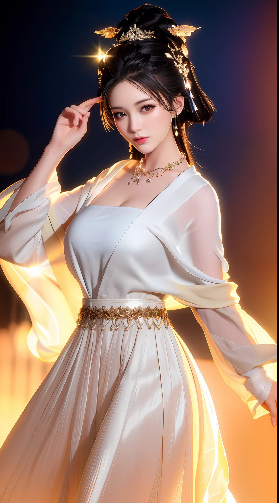 Best quality, masterpiece, high resolution, 1girl, porcelain black skirt, hair accessories, necklace, jewelry, beautiful face, body, Tyndall effect, realistic, dark studio, edge lighting, two-tone lighting, (high detail skin: 1.2), 8k uhd, DSLR camera, soft lighting, high quality, volumetric lighting, peek, photo, high resolution, 4k, 8k, background blur, big breasts,