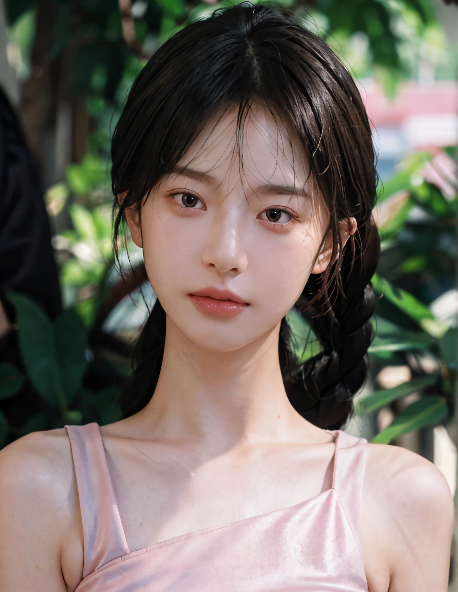 8k, RAW Photo, Best Quality, Masterpiece, High Detail RAW Color Photo, Professional Photo, (Realistic, Photorealistic Photorealism: 1.37), (High Detail Skin: 1.2), High Resolution, Beautiful Detailed Eyes, (Hard Focus: 1.4), (Clear Focus: 1.4), Realistic, (8K UHD: 1.2), Realistic High Quality Shadows, Split Lips, Slender Face, (Wavy Hair), Half Top Knot, Crown Braid, Pink Eye Color, Suggestive Look, (Extreme Facial Close-up) , POV, (((depth of field))), pale and shiny skin, cropped neck vest, 30 years old, buruma, roof, bokeh, lens flare, (vignetting:0.8), dramatic lighting, cinematic lighting, backlighting, professional lighting, physically based rendering, ulzzang-6500-v1.1, pureerosface_v1.