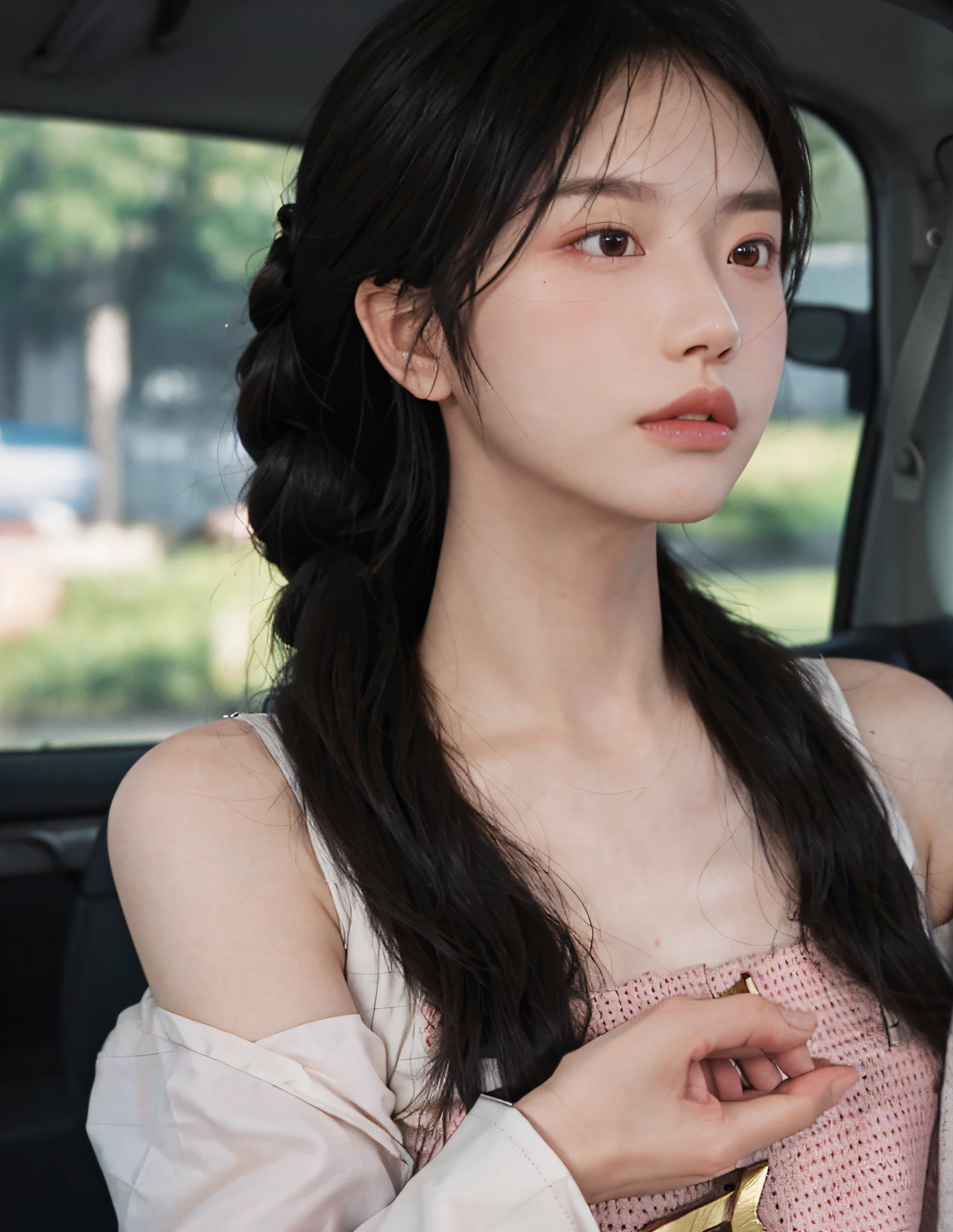 8k, RAW Photo, Best Quality, Masterpiece, High Detail RAW Color Photo, Professional Photo, (Realistic, Photorealistic Photorealism: 1.37), (High Detail Skin: 1.2), High Resolution, Beautiful Detailed Eyes, (Hard Focus: 1.4), (Clear Focus: 1.4), Realistic, (8K UHD: 1.2), Realistic High Quality Shadows, Split Lips, Slender Face, (Wavy Hair), Half Top Knot, Crown Braid, Pink Eye Color, Suggestive Look, (Extreme Facial Close-up) , POV, (((depth of field))), pale and shiny skin, cropped neck vest, 30 years old, buruma, roof, bokeh, lens flare, (vignetting:0.8), dramatic lighting, cinematic lighting, backlighting, professional lighting, physically based rendering, ulzzang-6500-v1.1, pureerosface_v1.