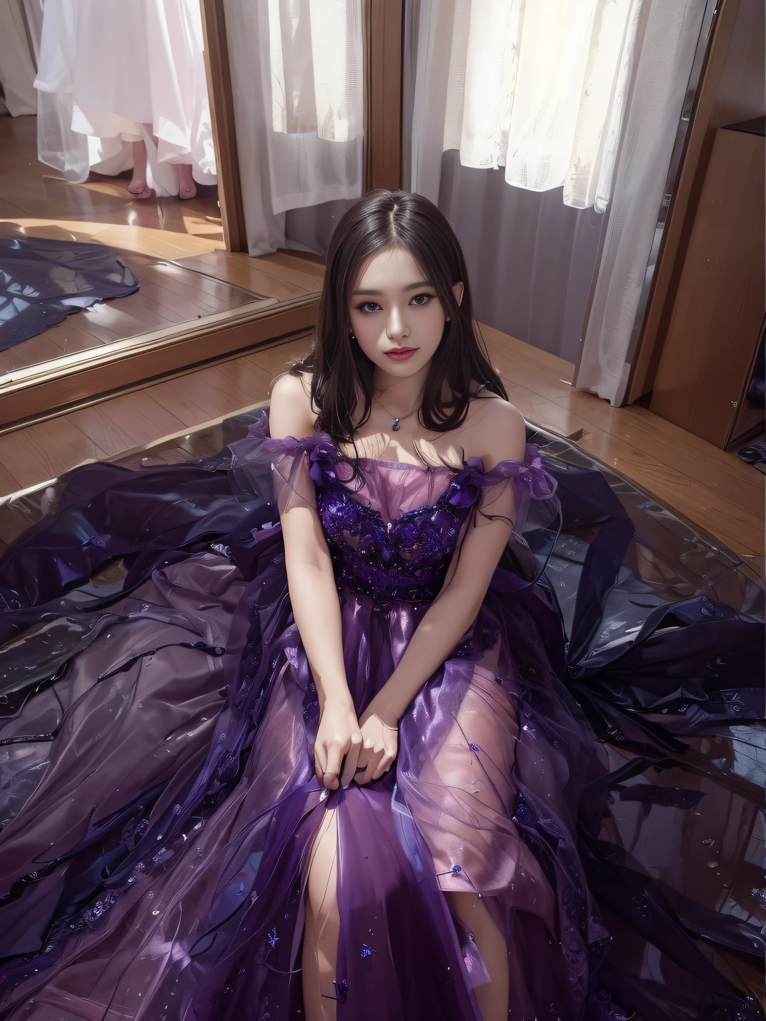 Best Quality, Masterpiece, High Resolution, 1girl, Clear Silk Porcelain Dress, Tulle Dress, Lilac Dress, Pretty Face, Hair Accessories, Look at the Audience, Smile, Shut Mouth, Thin Lips, Dress, Hair Accessories, Necklaces, Jewelry, Long Hair, Earrings, Beautiful Face, Body, Tindal Effect, Realism, Shadow Studio, Edge Lighting, Two-Color Lighting, (High Detail Skin: 1.2), 8k UHD, DSLR, Soft Light, High Quality, Volume Lighting, Photo, High Resolution 4K, 8k, blurred background