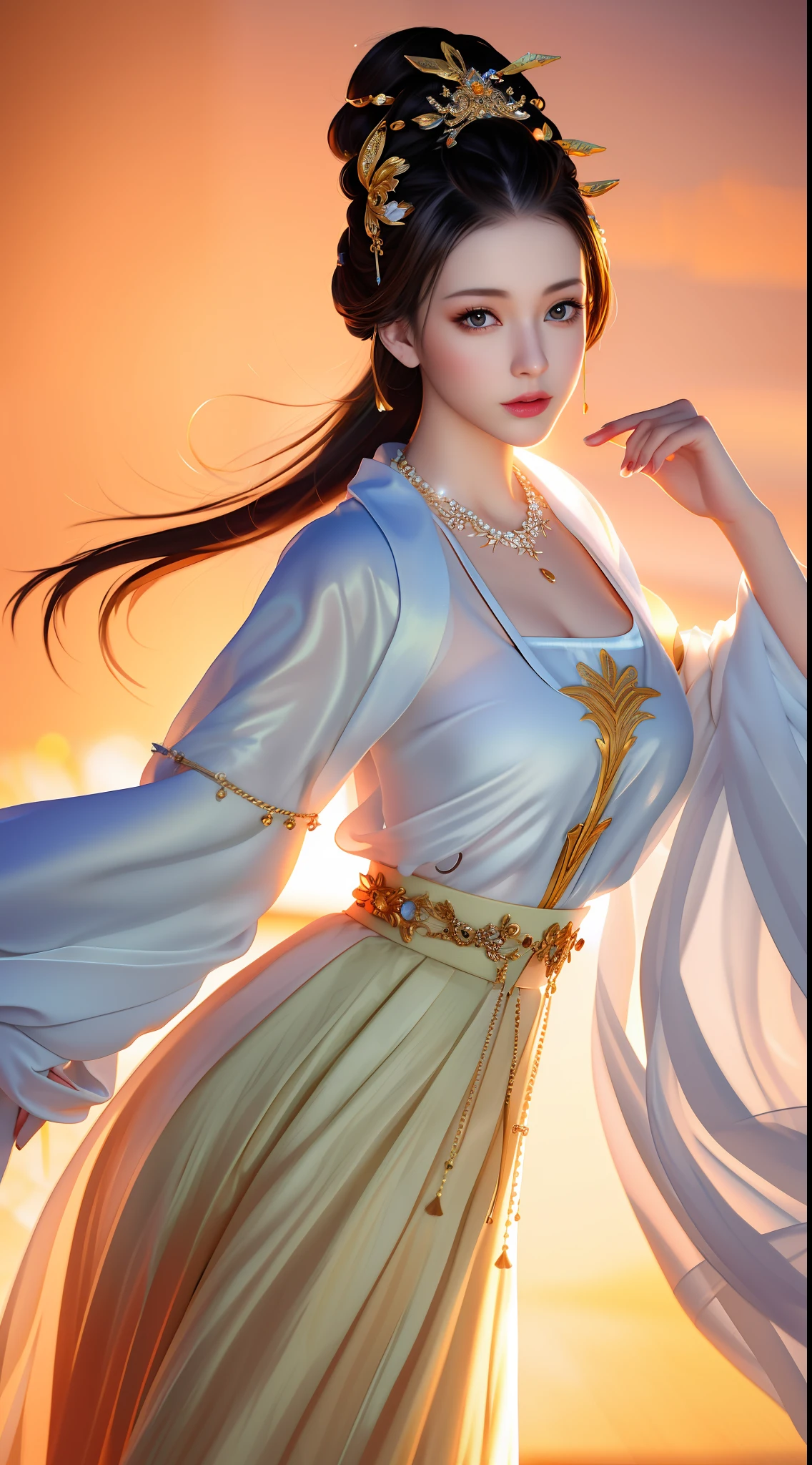 Best quality, masterpiece, high resolution, 1girl, porcelain black skirt, hair accessories, necklace, jewelry, beautiful face, body, Tyndall effect, realistic, dark studio, edge lighting, two-tone lighting, (high detail skin: 1.2), 8k uhd, DSLR camera, soft lighting, high quality, volumetric lighting, peek, photo, high resolution, 4k, 8k, background blur, big breasts,