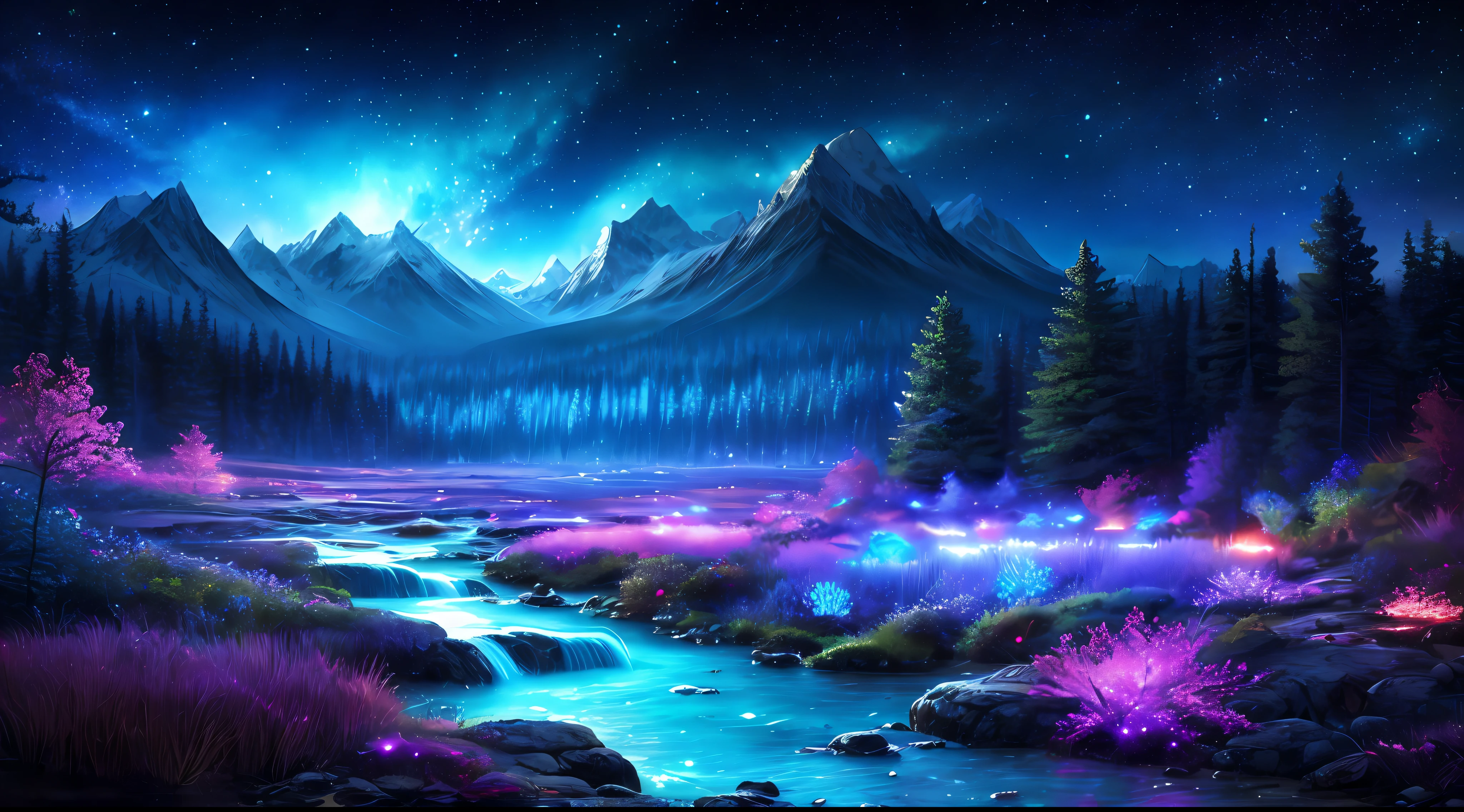 best quality, masterpiece, beautiful wild and natural fantasy landscape with glowing lights