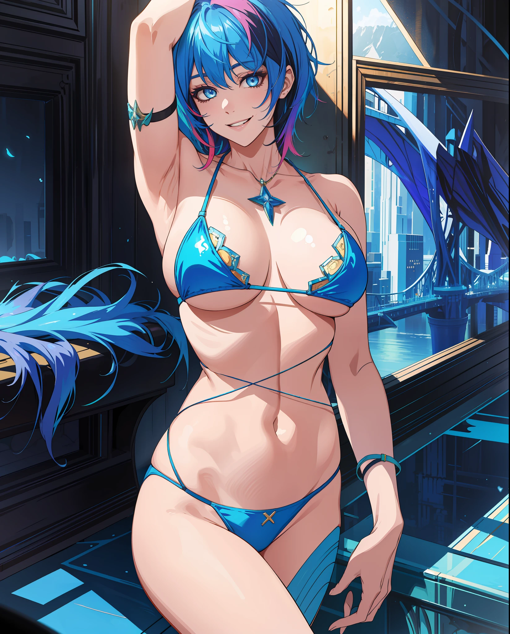 masterpiece, best quality, highres, Seraphine1, 1girl, solo, Blue hair, k/da \(league of legends\), multicolored hair, blue eyes, two-tone hair, large breasts, busty body, micro bikini, smile, standing