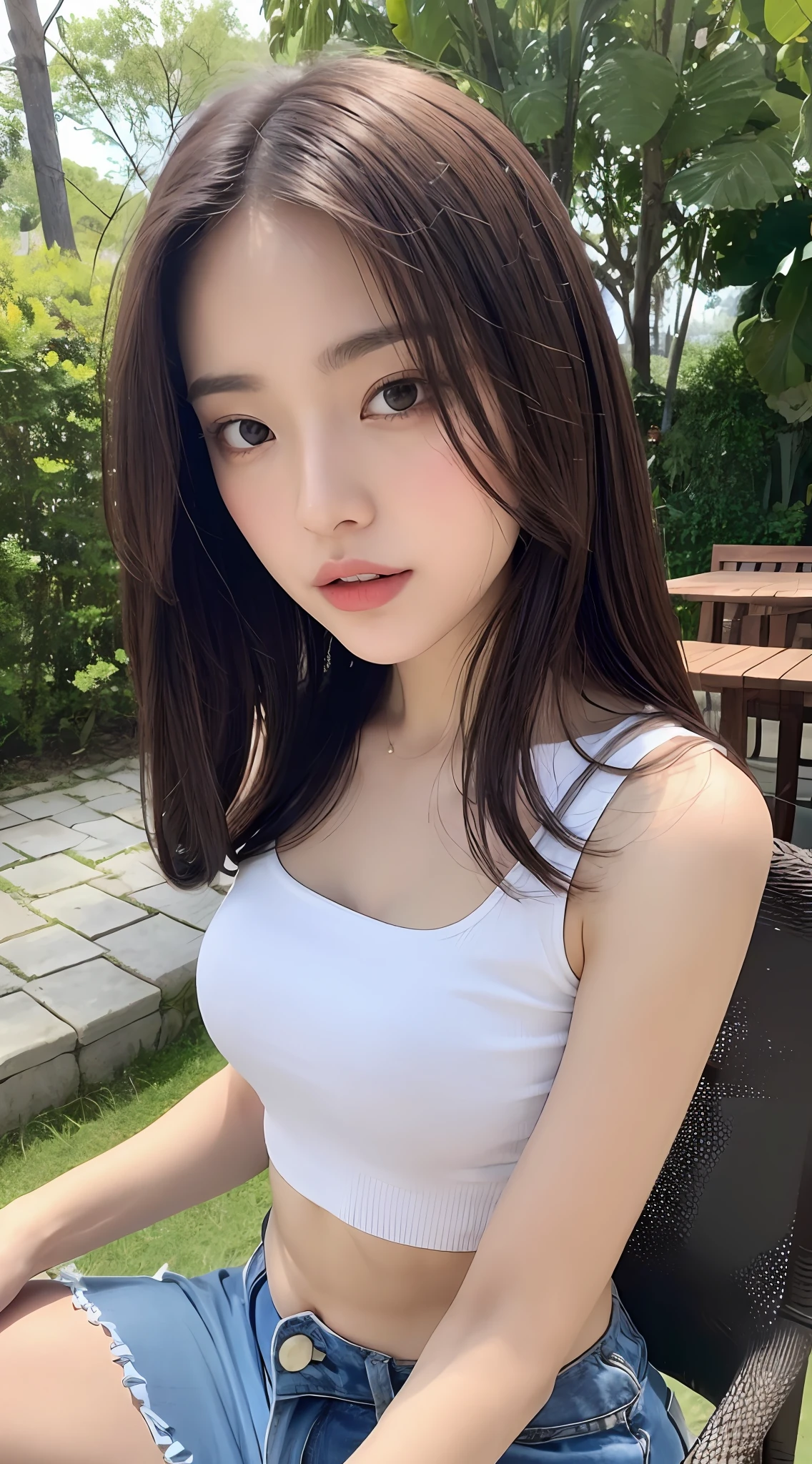 ((Realistic lighting, top quality, 8K, Masterpiece: 1.3)), Clear Focus: 1.2, 1 girl, Perfect figure: 1.4, Slim Abs: 1.1, ((Dark Brown hair)), (White Crop Top: 1.4), (Outdoor, Night: 1.1), Beauty Salon, Ultra Slender Face, Narrow Eyes, Double Eyelids, Chair, Sitting