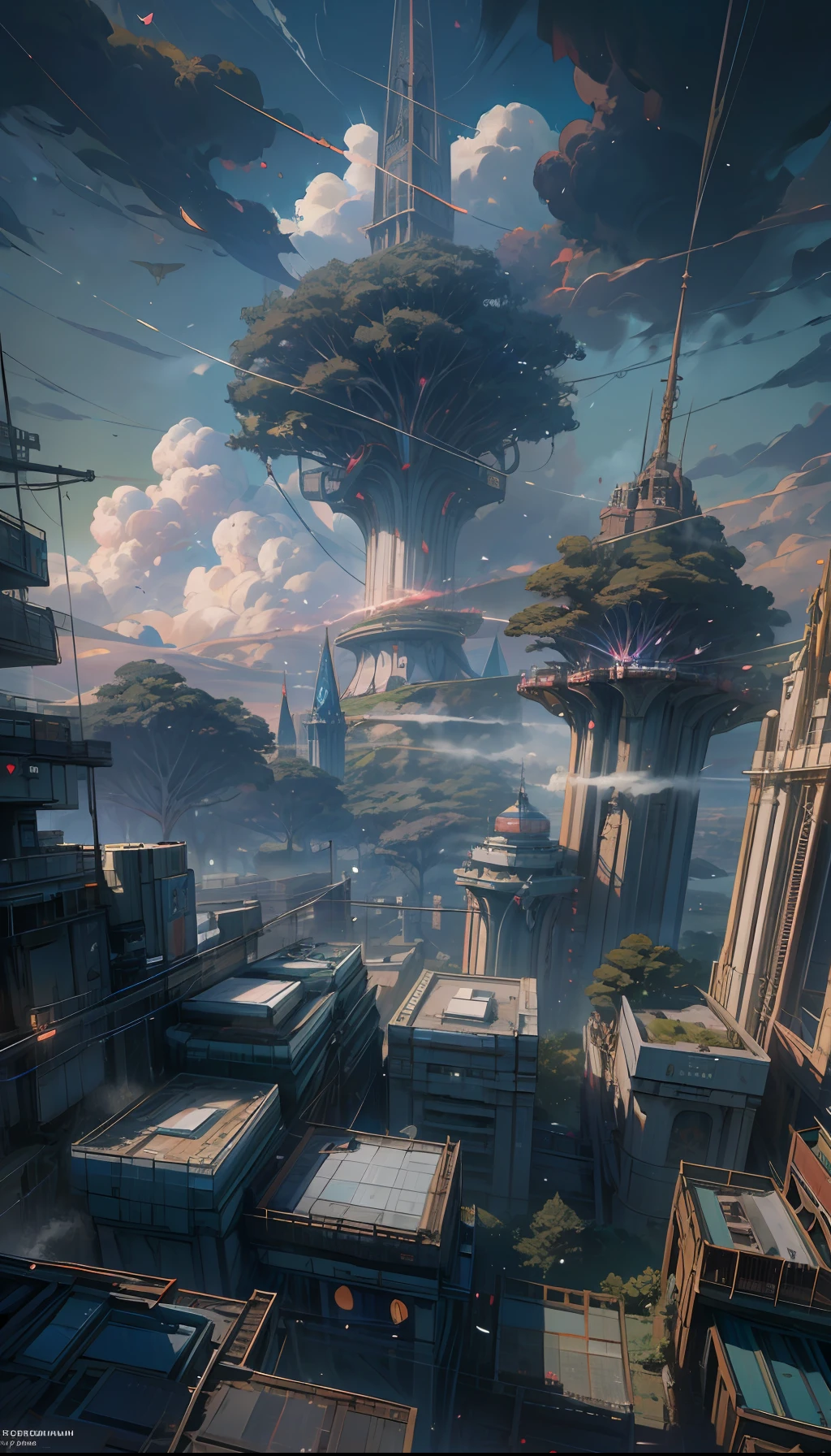 Sky, Clouds, holding_weapon, no_humans, Glow, giant_ trees , cyberpunk_Architecture, "sky, cloud, glowing, big trees , building, cybernetic _trees, tree_mech, sci-fi, cityscape, realistic, mechanical" Science Fiction, Cities, Rendered in Octane, hyper realistic, 8k, epic composition, cinematic, octane render, artstation landscape vista photography by Carr Clifton & Galen Rowell, 16K resolution, Landscape veduta photo by Dustin Lefevre & tdraw, 8k resolution, detailed landscape painting by Ivan Shishkin, DeviantArt, Flickr, rendered in Enscape, Miyazaki, Nausicaa Ghibli, Breath of The Wild,,trending in artstation, cgsociety, 8k post-processing highly detailed,Junji Murakami, Mucha Klimt, Sharandula, Hiroshi Yoshida, Tom Bagshaw, Ross Tran, Artgerm,Craig Mullins,dramatic,Junji Murakami, moody lighting rendered by octane engine,characters 8K symmetrical arstation, cape,cinematic lighting, intricate details, 8k detail post processing, hyperealistic, octane rend, Zdzisław Beksiński style, ar 2:3 Reality Reality --auto --s2