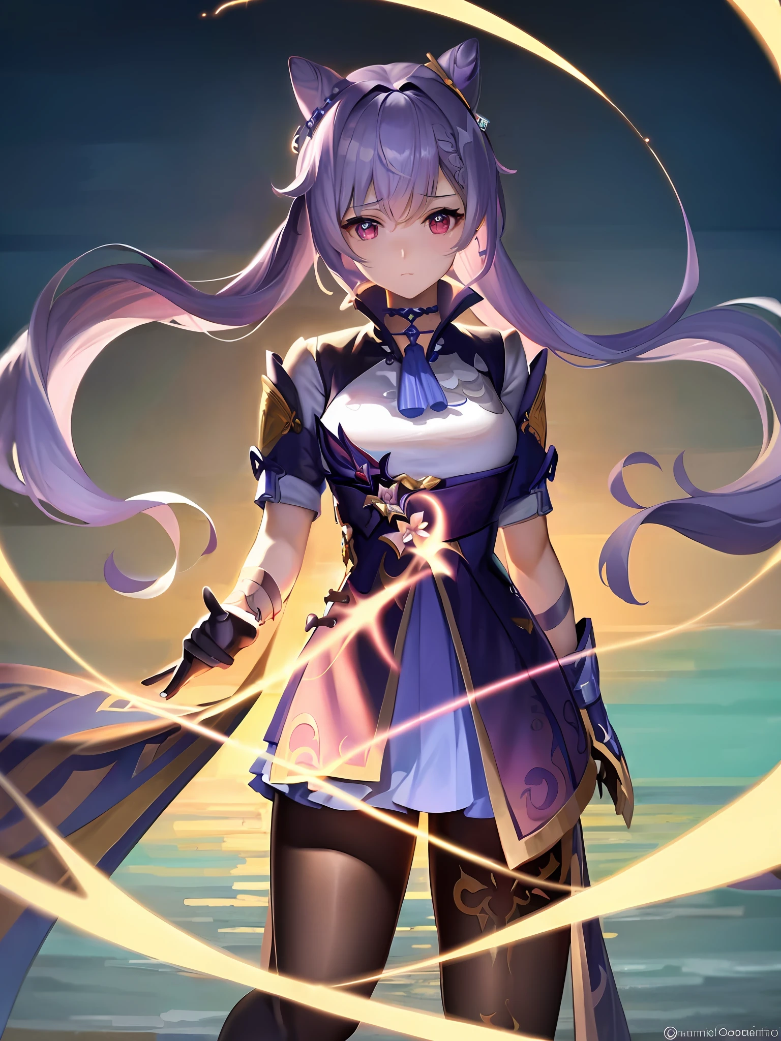 (Extremely detailed CG unity 8k wallpapers, masterpieces, the best quality, super detailed, intricate details), (extremely refined and beautiful), 1girl, keqing, keqing_base_uniform