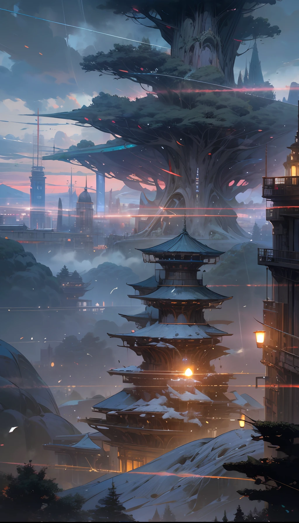 Sky, Clouds, holding_weapon, no_humans, Glow, giant_ trees , cyberpunk_Architecture, "sky, cloud, glowing, big trees , building, cybernetic _trees, tree_mech, sci-fi, cityscape, realistic, mechanical" Science Fiction, Cities, Rendered in Octane, hyper realistic, 8k, epic composition, cinematic, octane render, artstation landscape vista photography by Carr Clifton & Galen Rowell, 16K resolution, Landscape veduta photo by Dustin Lefevre & tdraw, 8k resolution, detailed landscape painting by Ivan Shishkin, DeviantArt, Flickr, rendered in Enscape, Miyazaki, Nausicaa Ghibli, Breath of The Wild,,trending in artstation, cgsociety, 8k post-processing highly detailed,Junji Murakami, Mucha Klimt, Sharandula, Hiroshi Yoshida, Tom Bagshaw, Ross Tran, Artgerm,Craig Mullins,dramatic,Junji Murakami, moody lighting rendered by octane engine,characters 8K symmetrical arstation, cape,cinematic lighting, intricate details, 8k detail post processing, hyperealistic, octane rend, Zdzisław Beksiński style, ar 2:3 Reality Reality --auto --s2