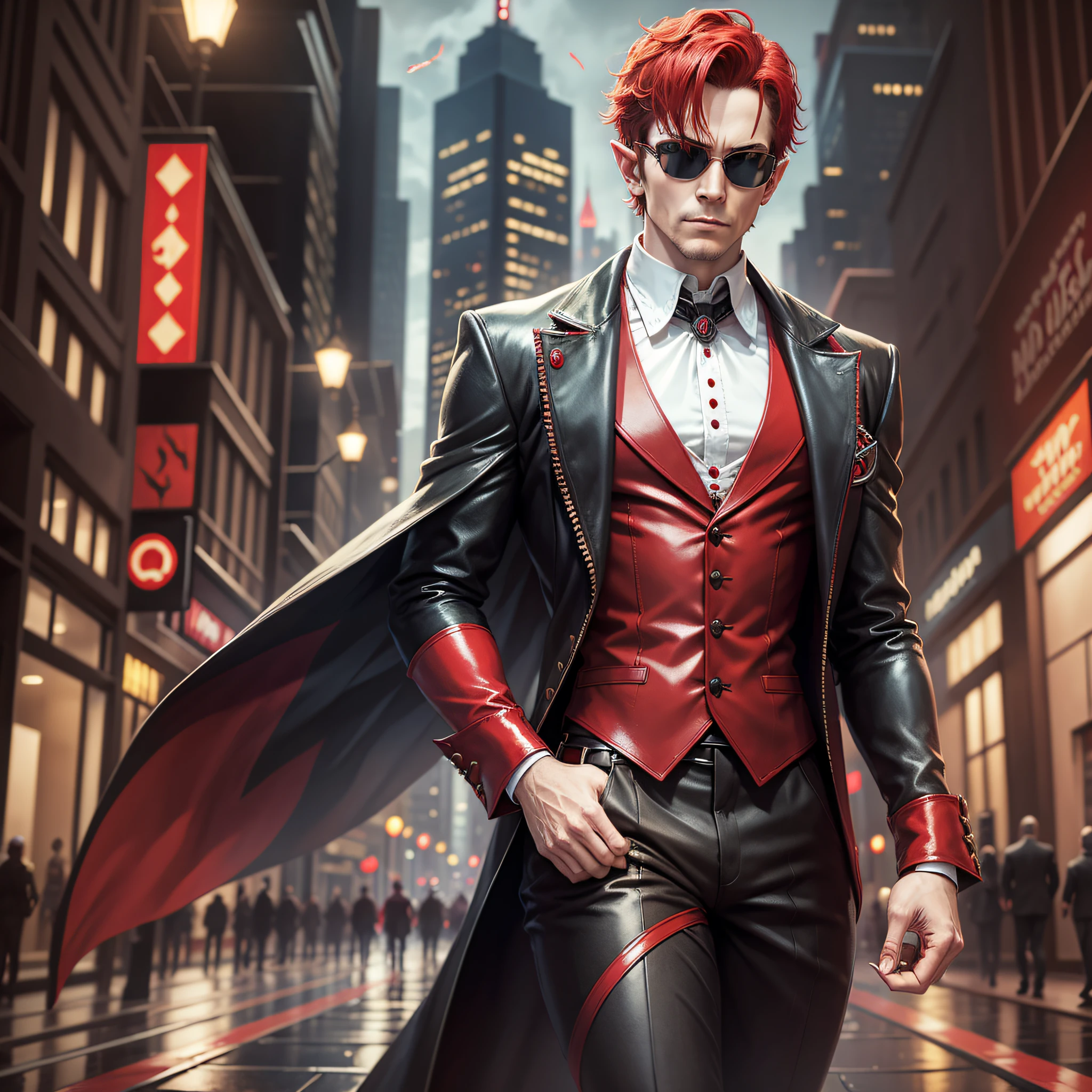 The Matrix, Harlequin Man, elf, short red hair, playing card in hand, red jester costume, dark glasses, full-length, walks through the city --auto --s2