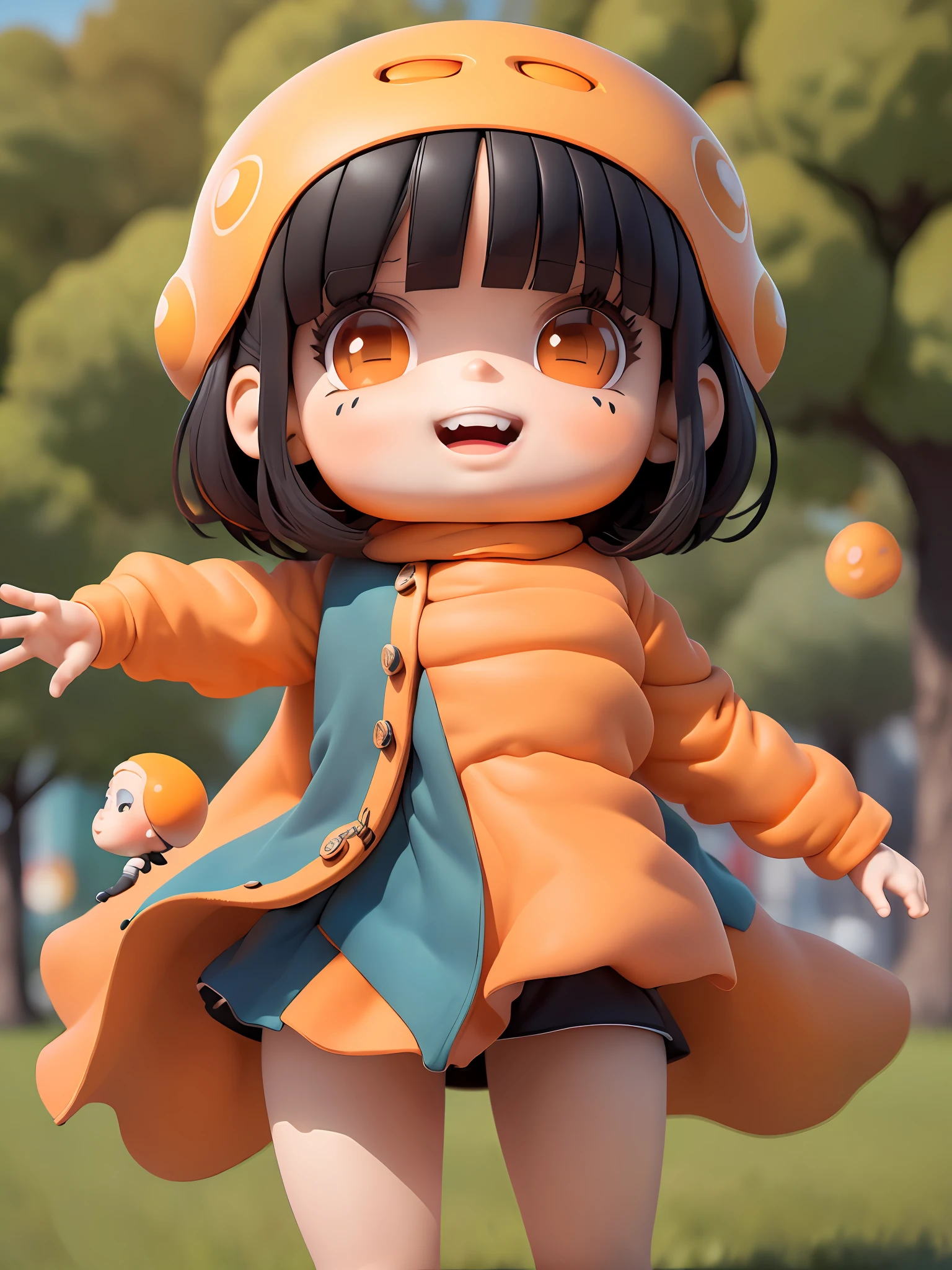 (Masterpiece), (Extreme), (Super detailed),(Body:1.9),1girl, sunshine, cute, orange, (big head:1.8), doll, smile, open mouth, city, fashion, coat, blush, tree, shirt, short hair, orange, orange headdress, blurred, long sleeves, bangs, black hair, (beautiful and detailed face), (beautiful and detailed eyes),