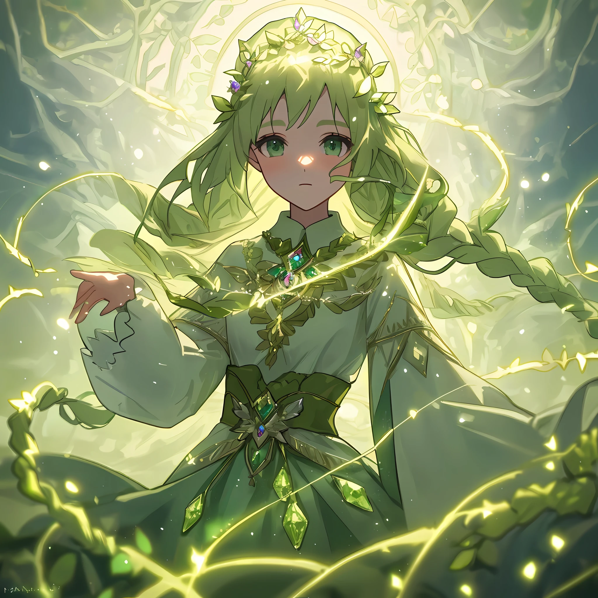 best quality, masterpiece, upper body, (adult: 1.6) dryad Ukrainian woman, a body covered with vine (smile: 0.4), braided blond hair, emerald eyes, medieval dress, floating light particles, centered,