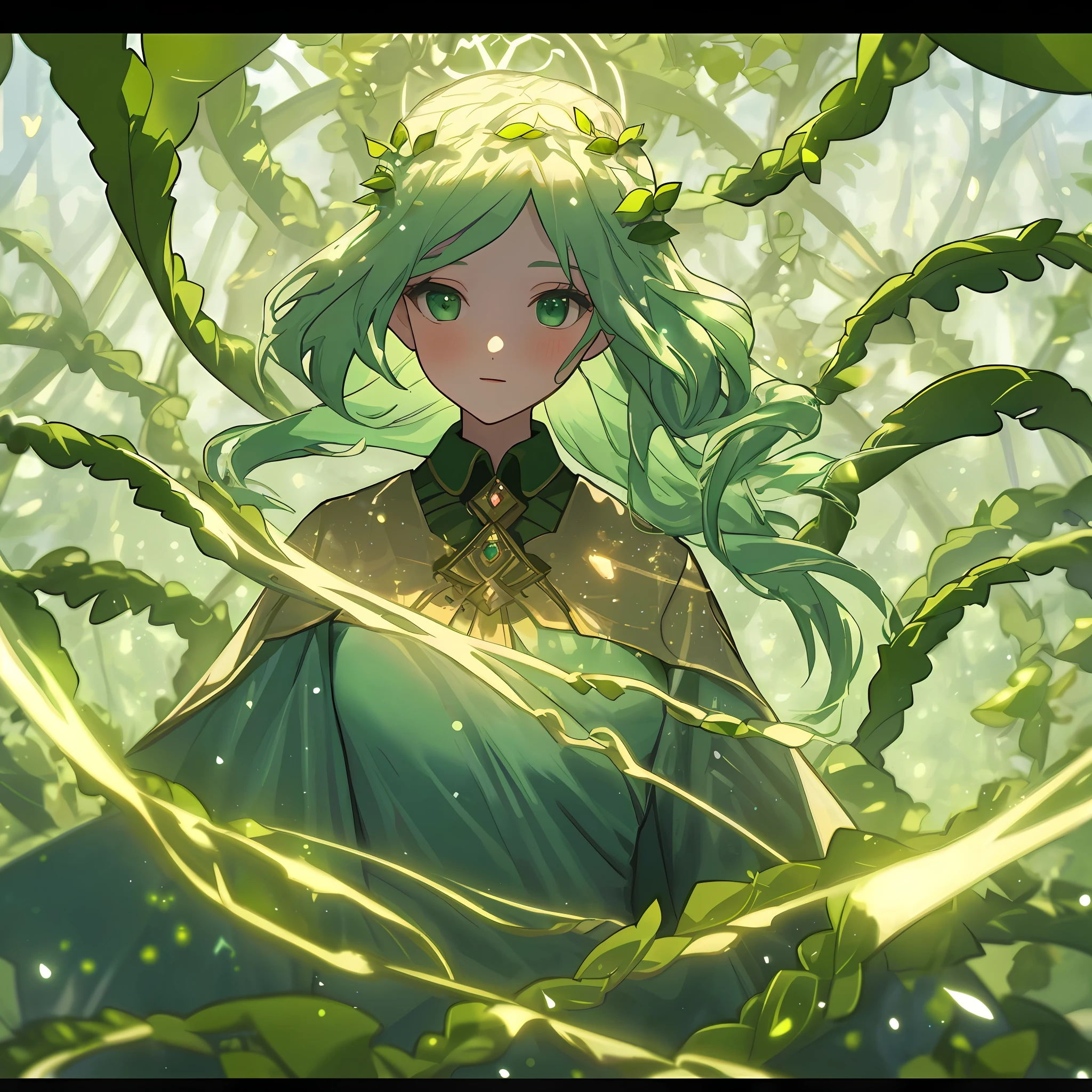 best quality, masterpiece, upper body, (adult: 1.6) dryad Ukrainian woman, a body covered with vine (smile: 0.4), braided blond hair, emerald eyes, medieval dress, floating light particles, centered,