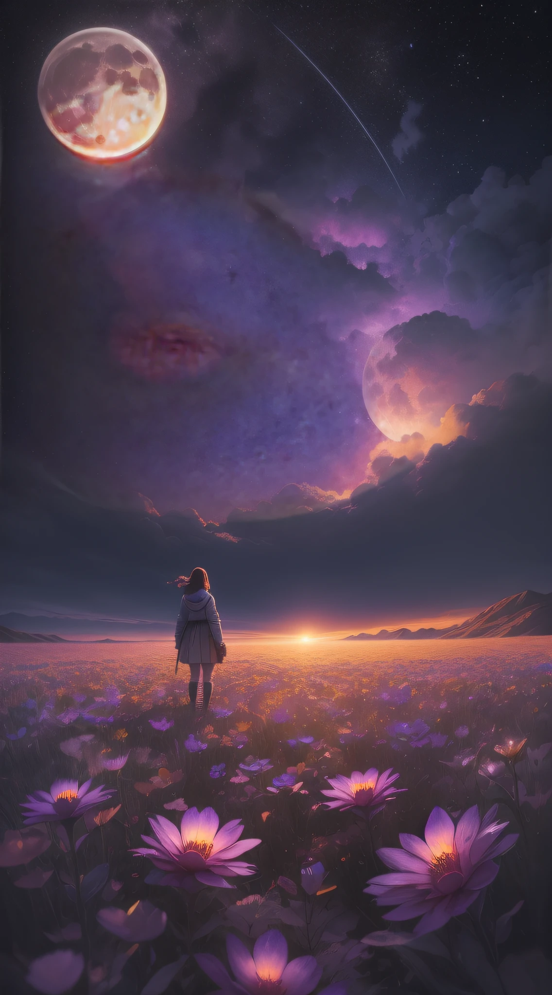 expansive landscape photograph , (a view from below that shows sky above and open field below), a girl standing on flower field looking up, (full moon:1.2), ( shooting stars:0.9), (nebula:1.3), distant mountain, tree BREAK
production art, (warm light source:1.2), (Firefly:1.2), lamp, lot of purple and orange, intricate details, volumetric lighting, realism BREAK
(masterpiece:1.2), (best quality), 4k, ultra-detailed, (dynamic composition:1.4), highly detailed, colorful details,( iridescent colors:1.2), (glowing lighting, atmospheric lighting), dreamy, magical, (solo:1.2)
