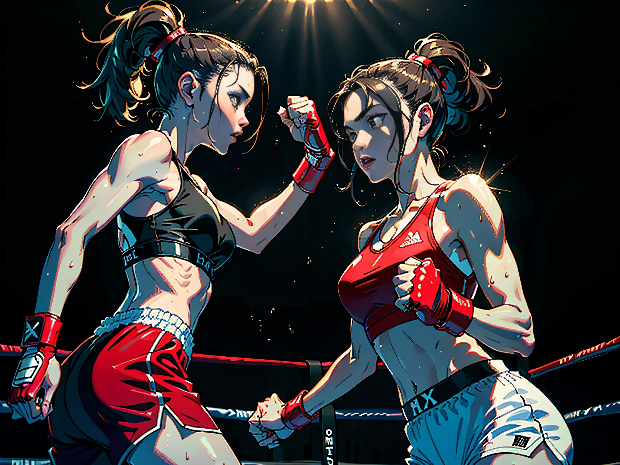 (Original), (Boxing Match), (Best Quality), (Masterpiece), Photographic Reality, Realistic, Very Detailed Illustrations, (1 Girl), Beautiful Eyes, (Delicate Face), Perfect Details, (Best Lighting), (Super Intricate Details), (Award Ceremony), Sweat, Heavy Breathing, (Referee's Award), (Boxing Ring), Sports Shorts, Perfect Details, Perfect Fingers, Perfect Limbs, Impact, (Shiny Skin), Abs, Muscles, Waist Line, Boxing Shorts, Boxing, Brunette High ponytail, extra-long hair, 4K unity, (ultra-fine CG: 1.2), (8K: 1.2), realistic, octane rendering