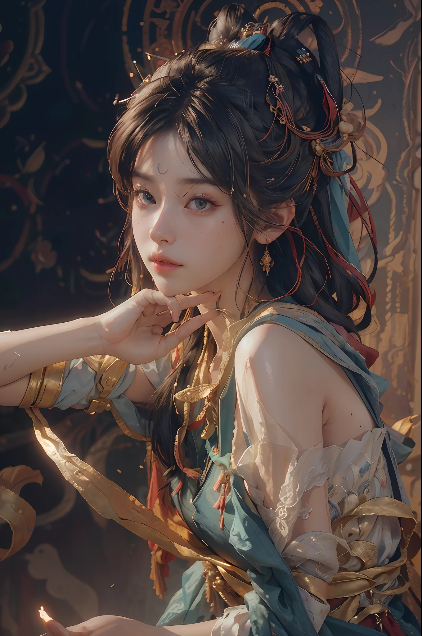 (RAW photo, best quality), (realistic, photo-realistic:1.3),best quality,highly detailed,masterpiece,ultra-detailed,illustration,1girl,upper_body,dynamic angle,world masterpiece theater,messy_long_hair,best quality,extremely detailed CG unity 8k wallpaper,ink,Amazing,cinematic lighting,lens_flare, dunhuang_style