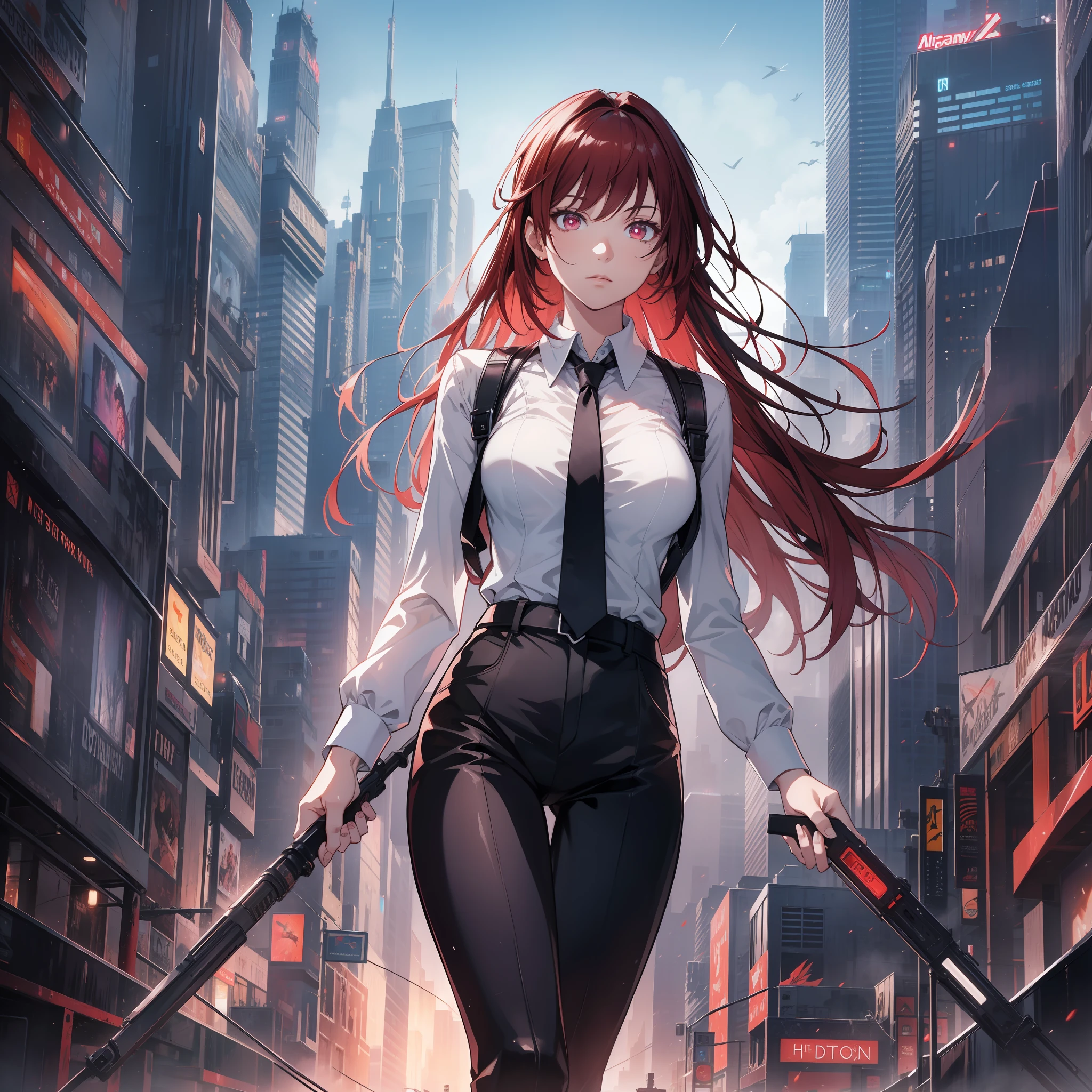 16K, HDR, RTX, raytracing, natural lighting, absurdres, best quality masterpiece, cowboy shot, perfect anatomy, highly detailed face, detailed eyes, 1girl, solo, wearing a business suit, white shirt, top button open, long red hair, extreme beautiful, edgy, cool, windy, glowing eyes, serious expressions, detailed office background, skyscrapers, award winning, neon lights, trending on art station