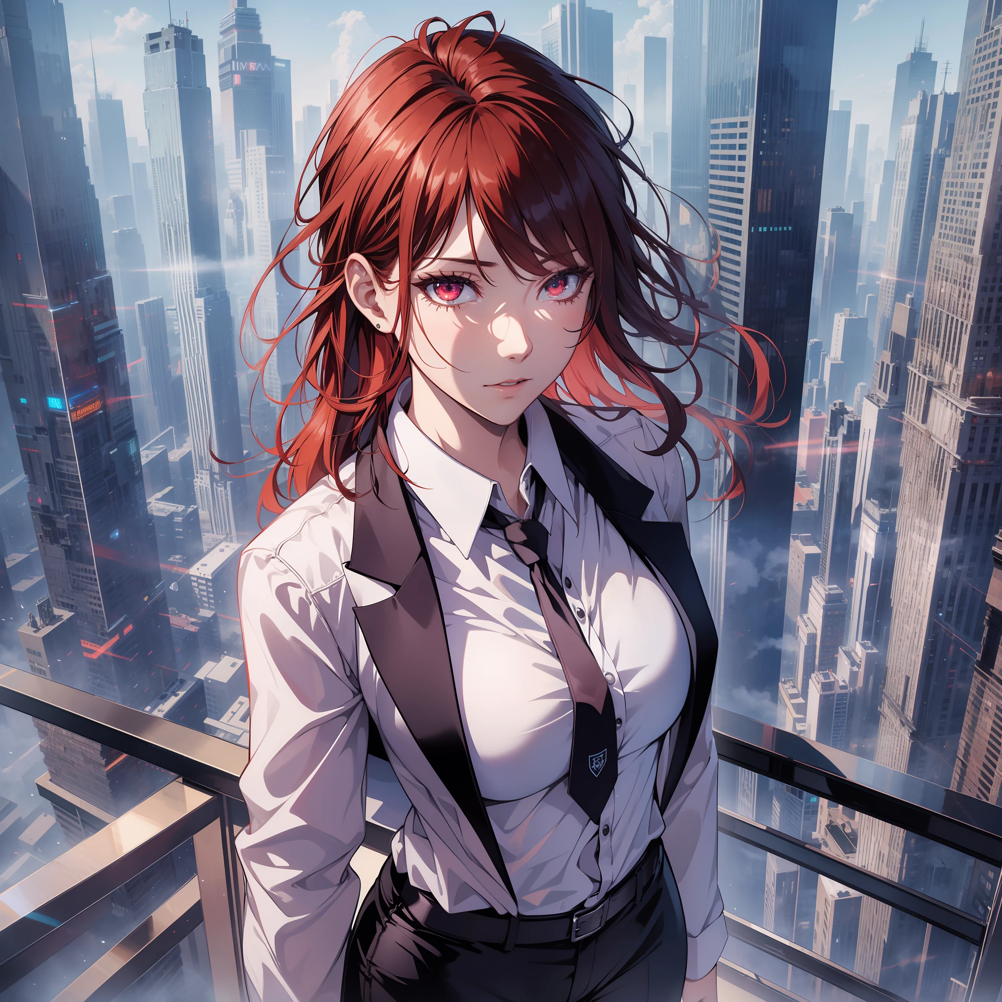 16K, HDR, RTX, raytracing, natural lighting, absurdres, best quality masterpiece, cowboy shot, perfect anatomy, highly detailed face, detailed eyes, 1girl, solo, wearing a business suit, white shirt, top button open, long red hair, extreme beautiful, edgy, cool, windy, glowing eyes, serious expressions, detailed office background, skyscrapers, award winning, neon lights, trending on art station